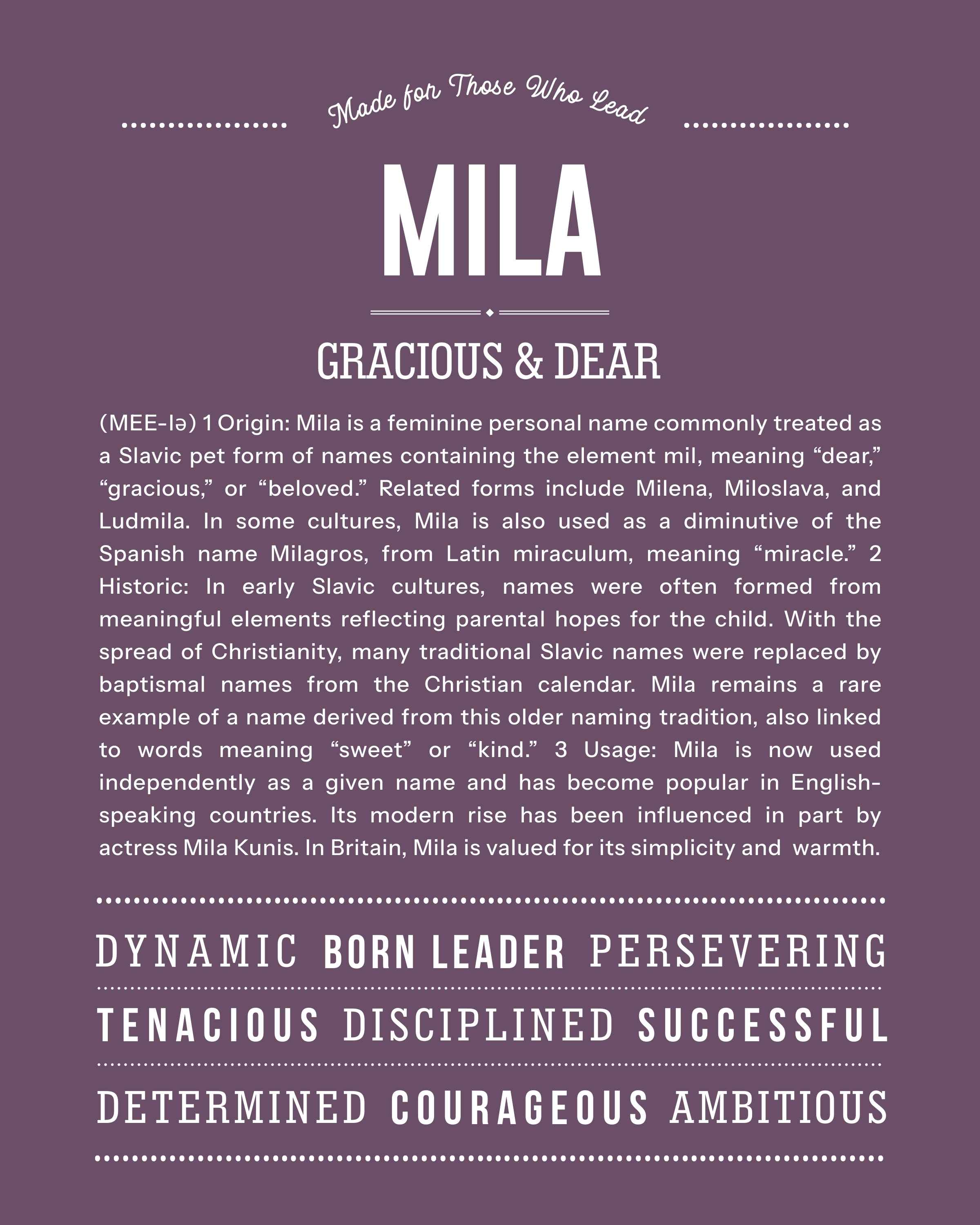 Mila | Personalised Name Meaning Print – Custom Name Art Gift