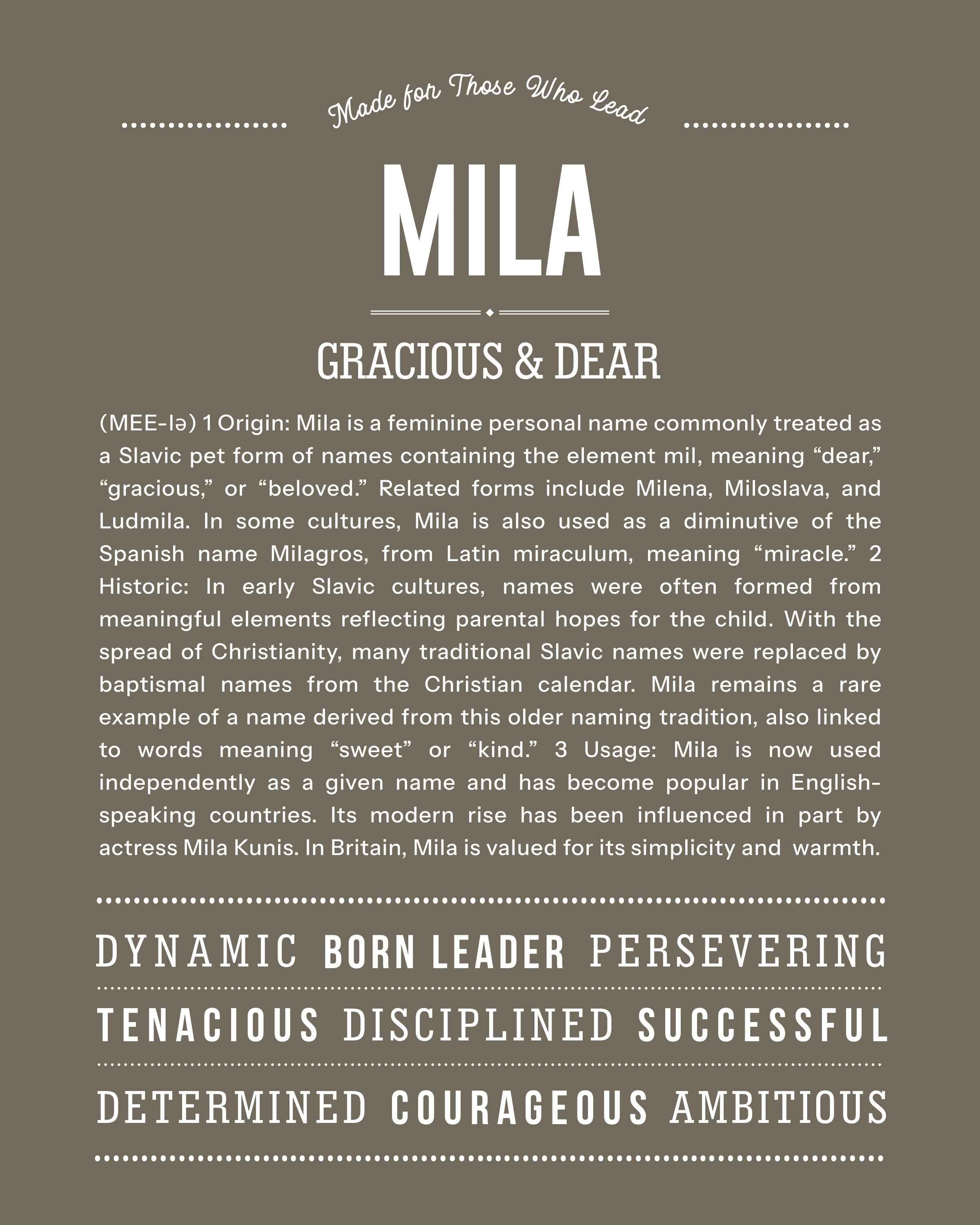 Mila | Personalised Name Meaning Print – Custom Name Art Gift