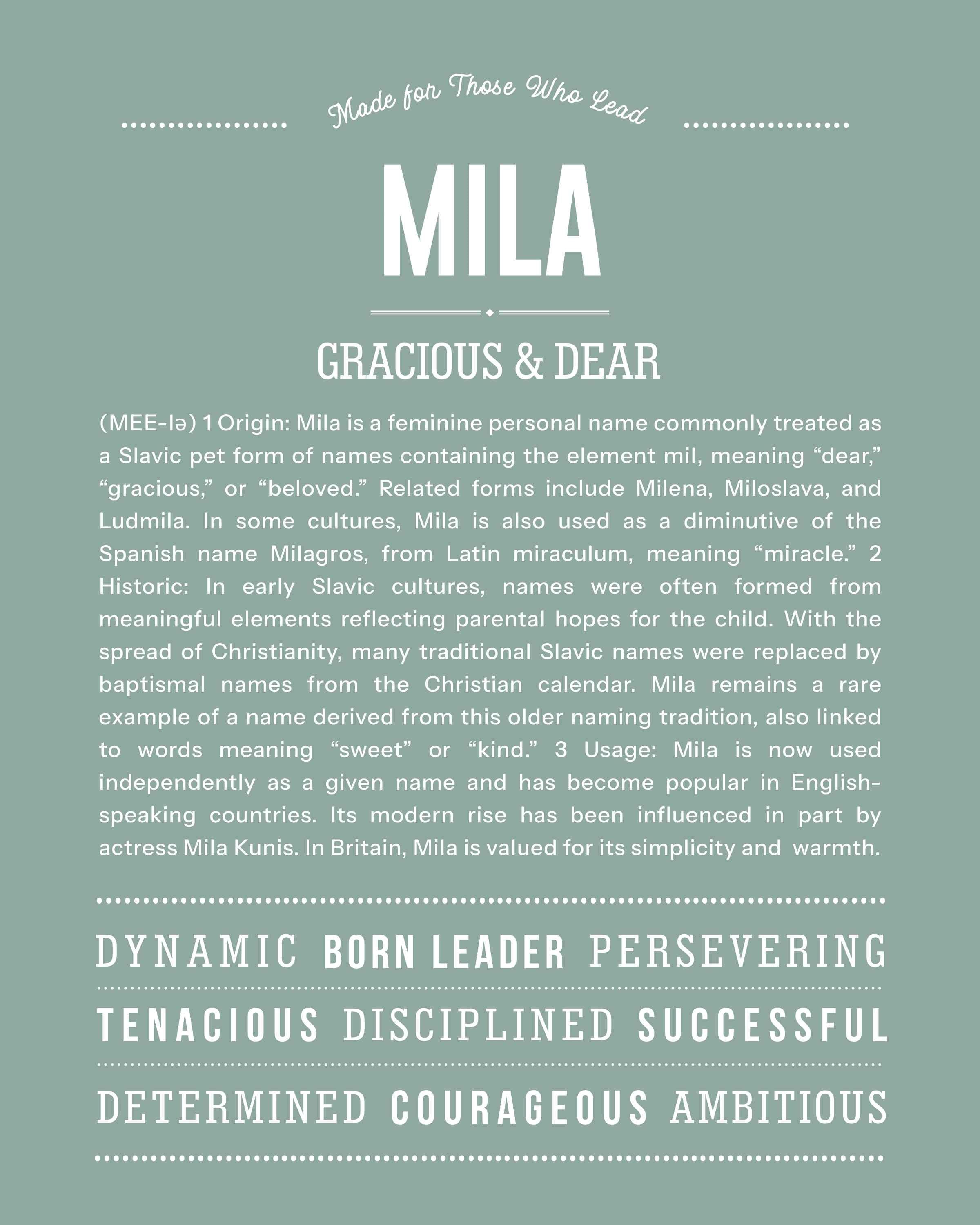 Mila | Personalised Name Meaning Print – Custom Name Art Gift