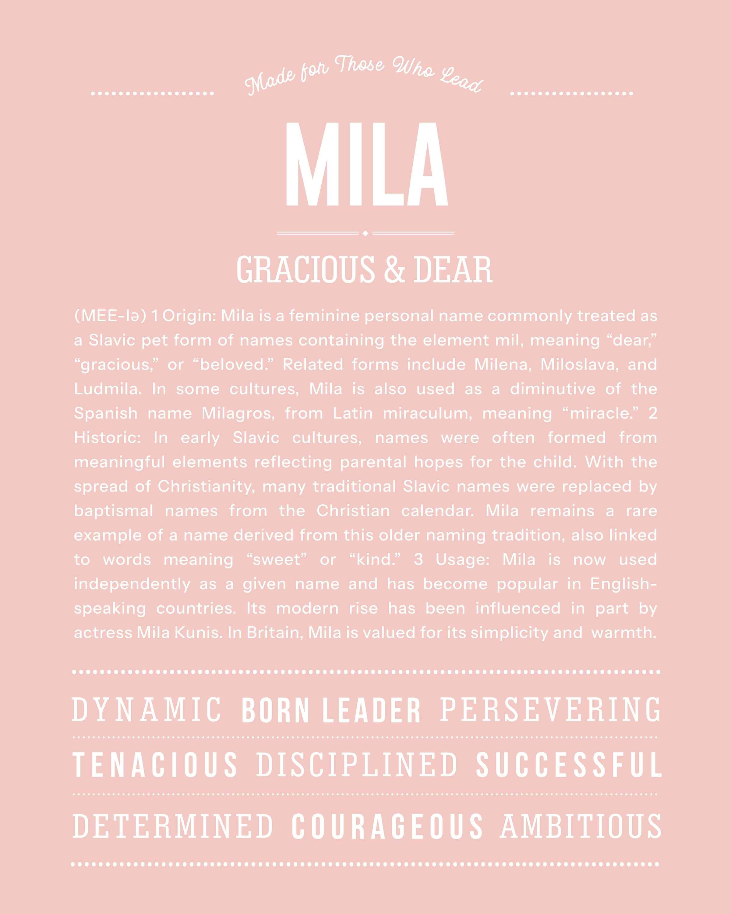 Mila | Personalised Name Meaning Print – Custom Name Art Gift