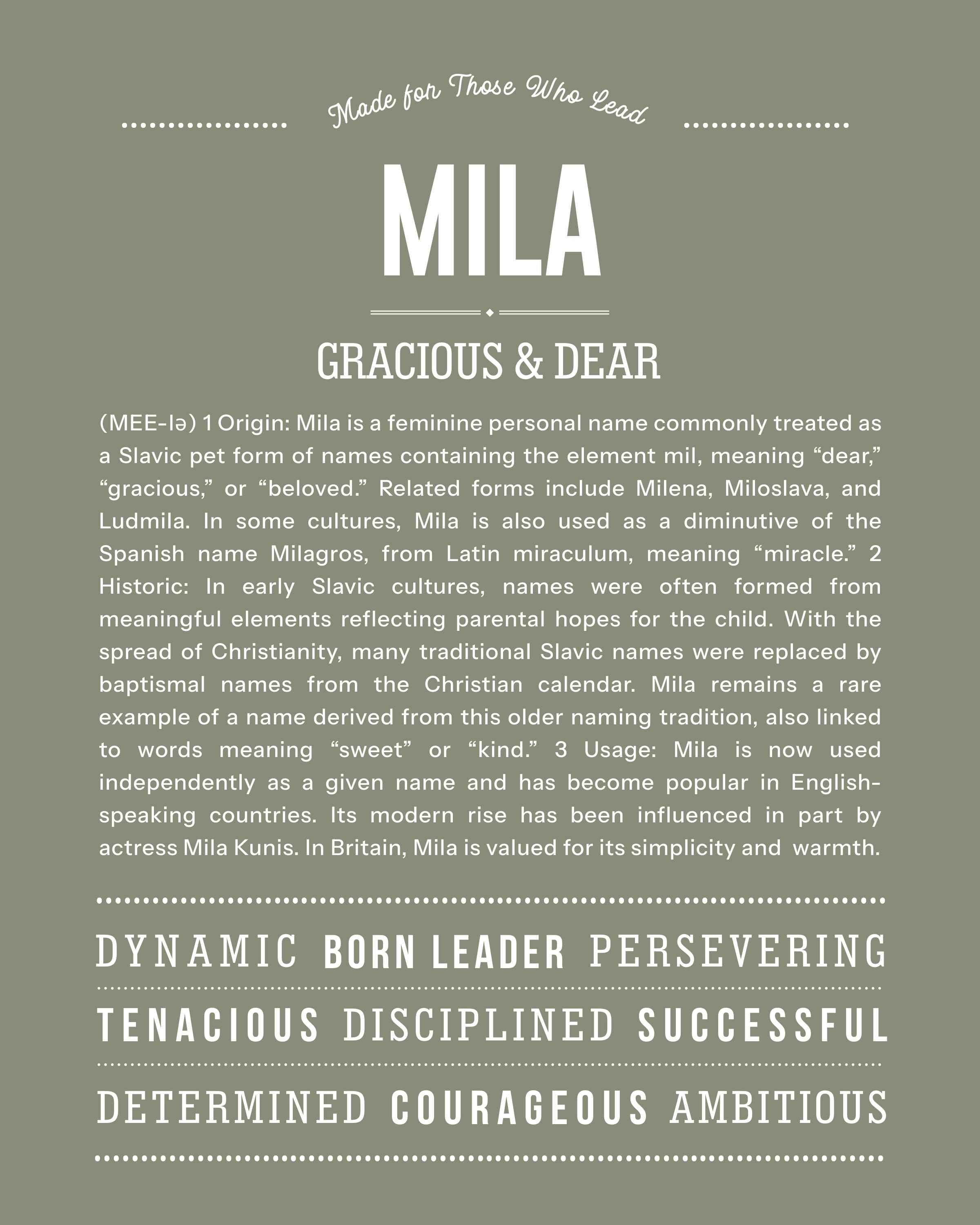 Mila | Personalised Name Meaning Print – Custom Name Art Gift