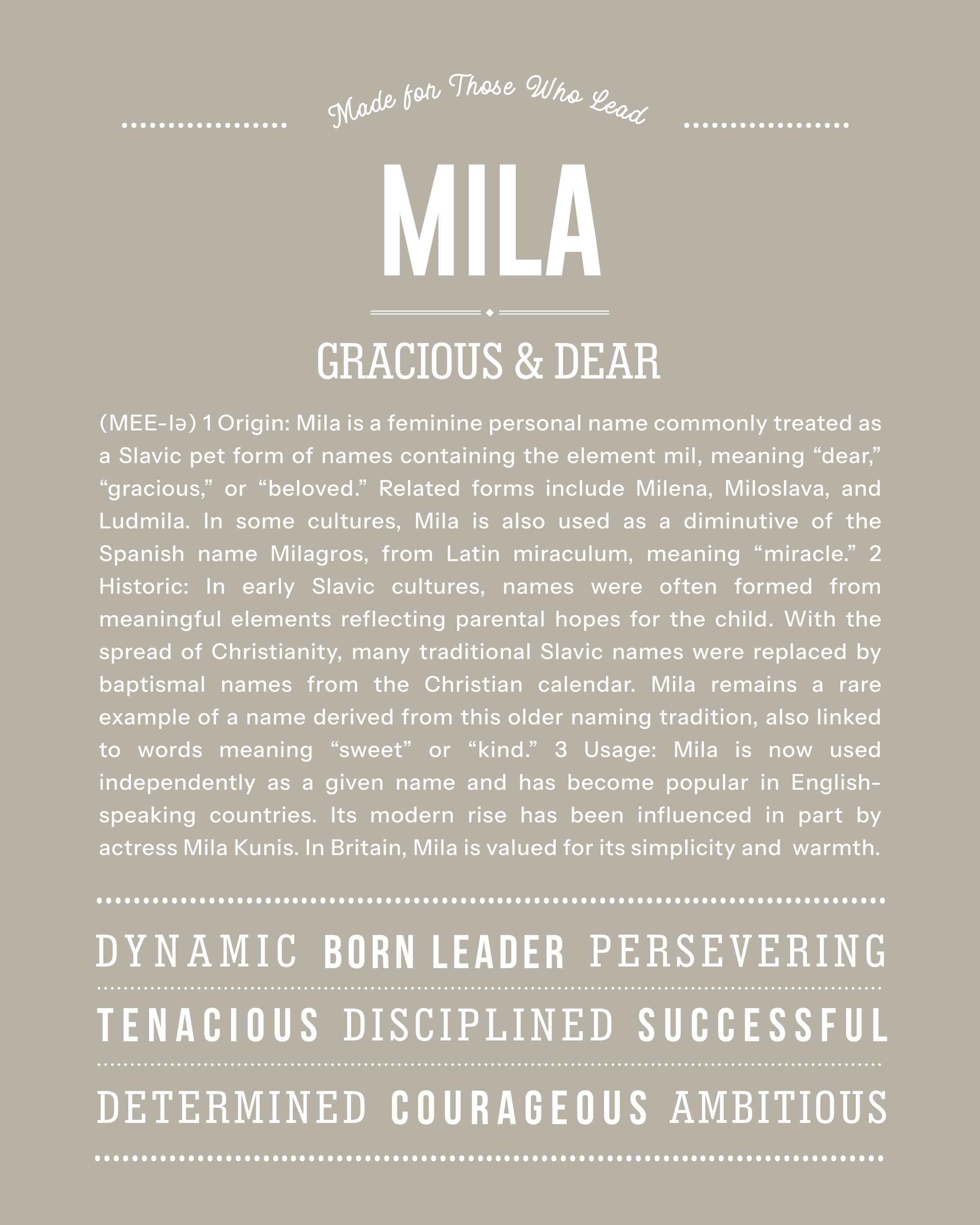 Mila | Personalised Name Meaning Print – Custom Name Art Gift