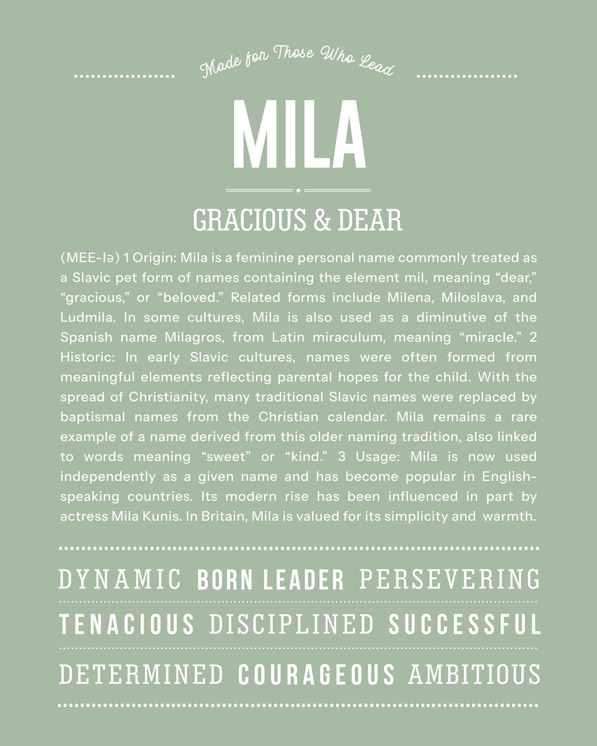 Mila | Personalised Name Meaning Print – Custom Name Art Gift