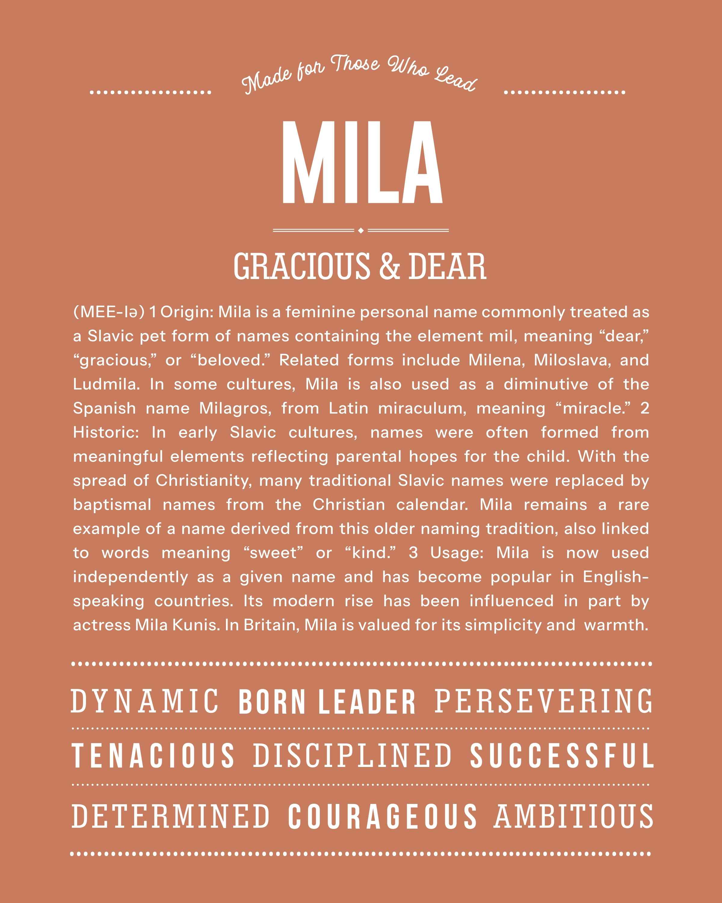 Mila | Personalised Name Meaning Print – Custom Name Art Gift