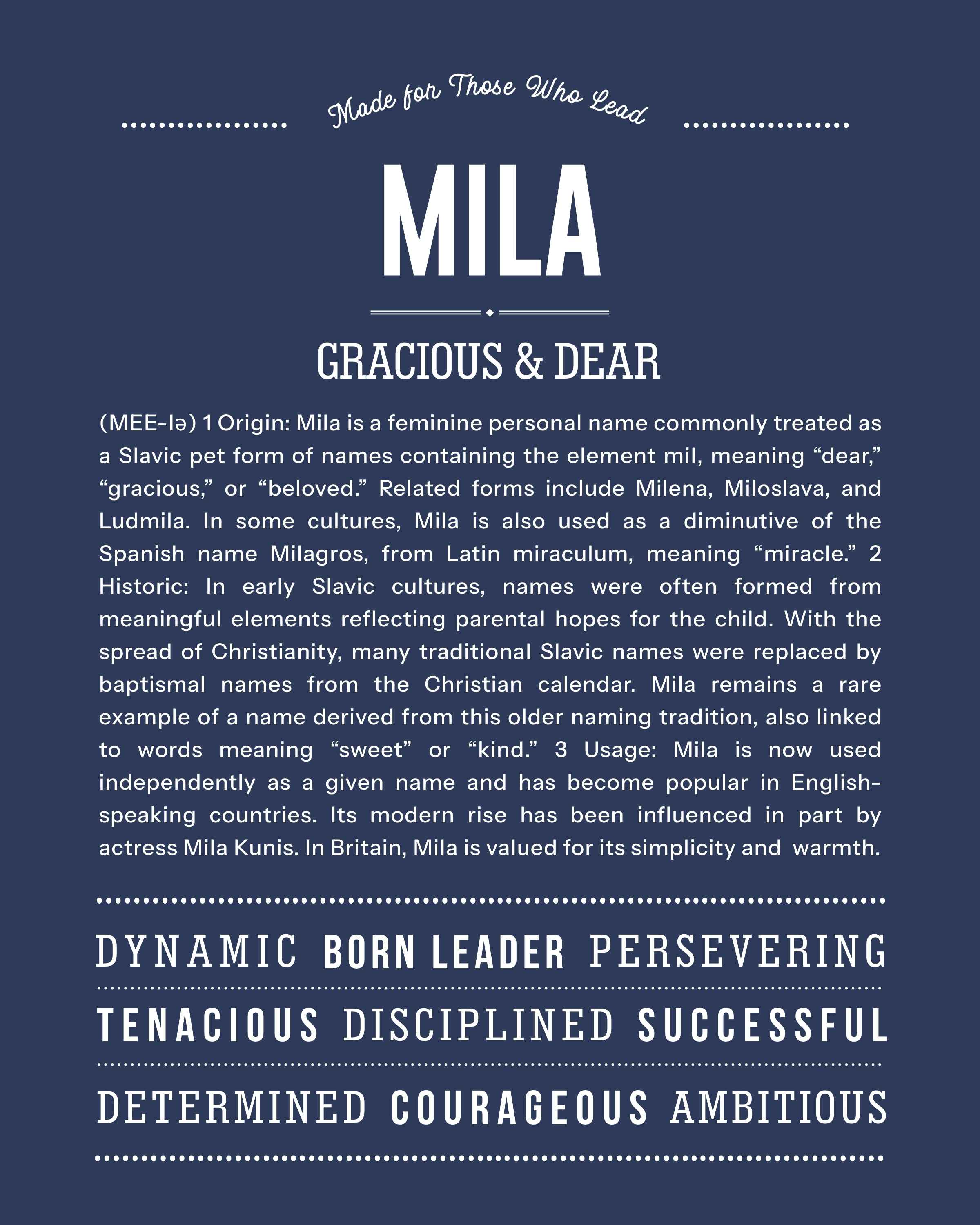 Mila | Personalised Name Meaning Print – Custom Name Art Gift