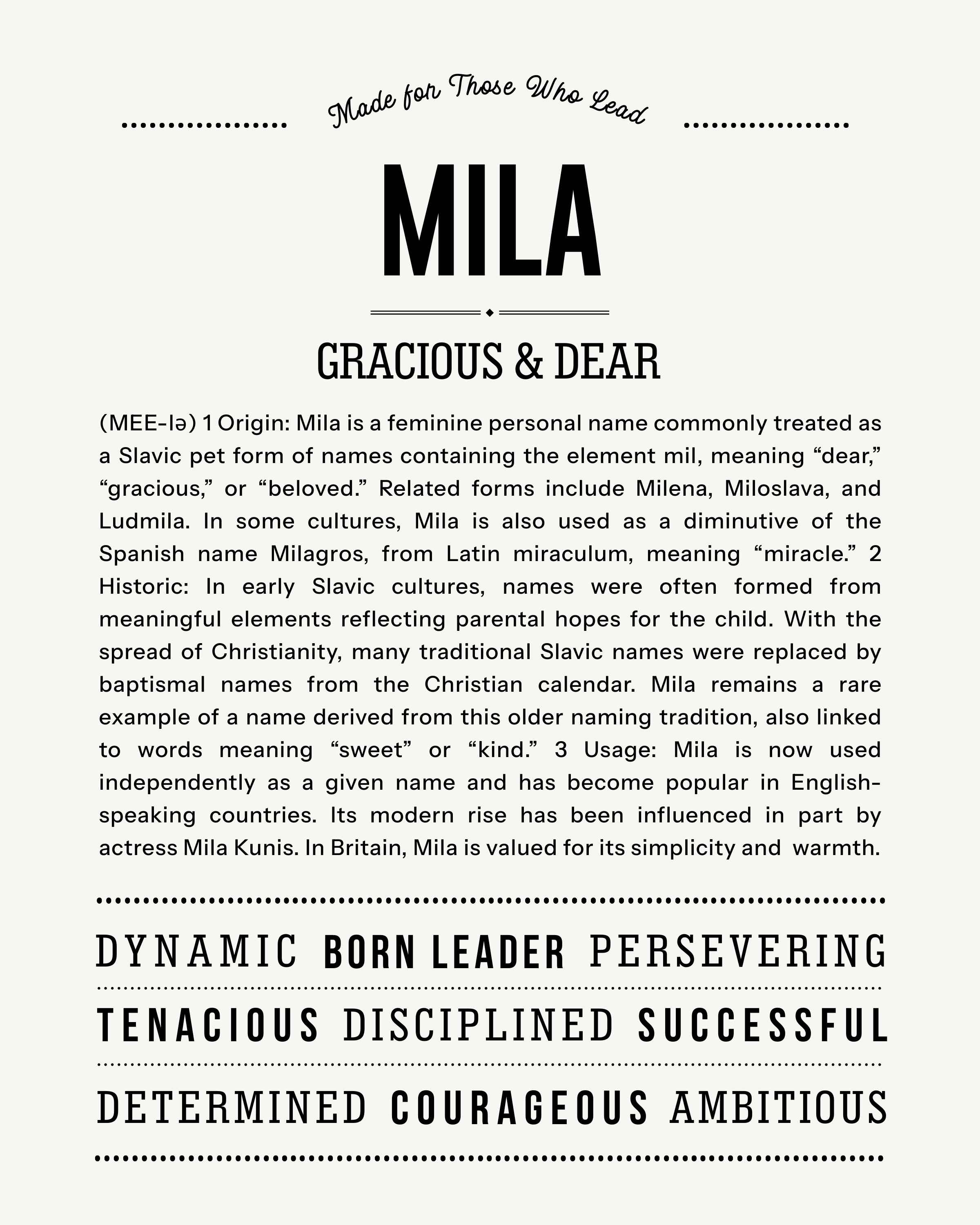 Mila | Personalised Name Meaning Print – Custom Name Art Gift