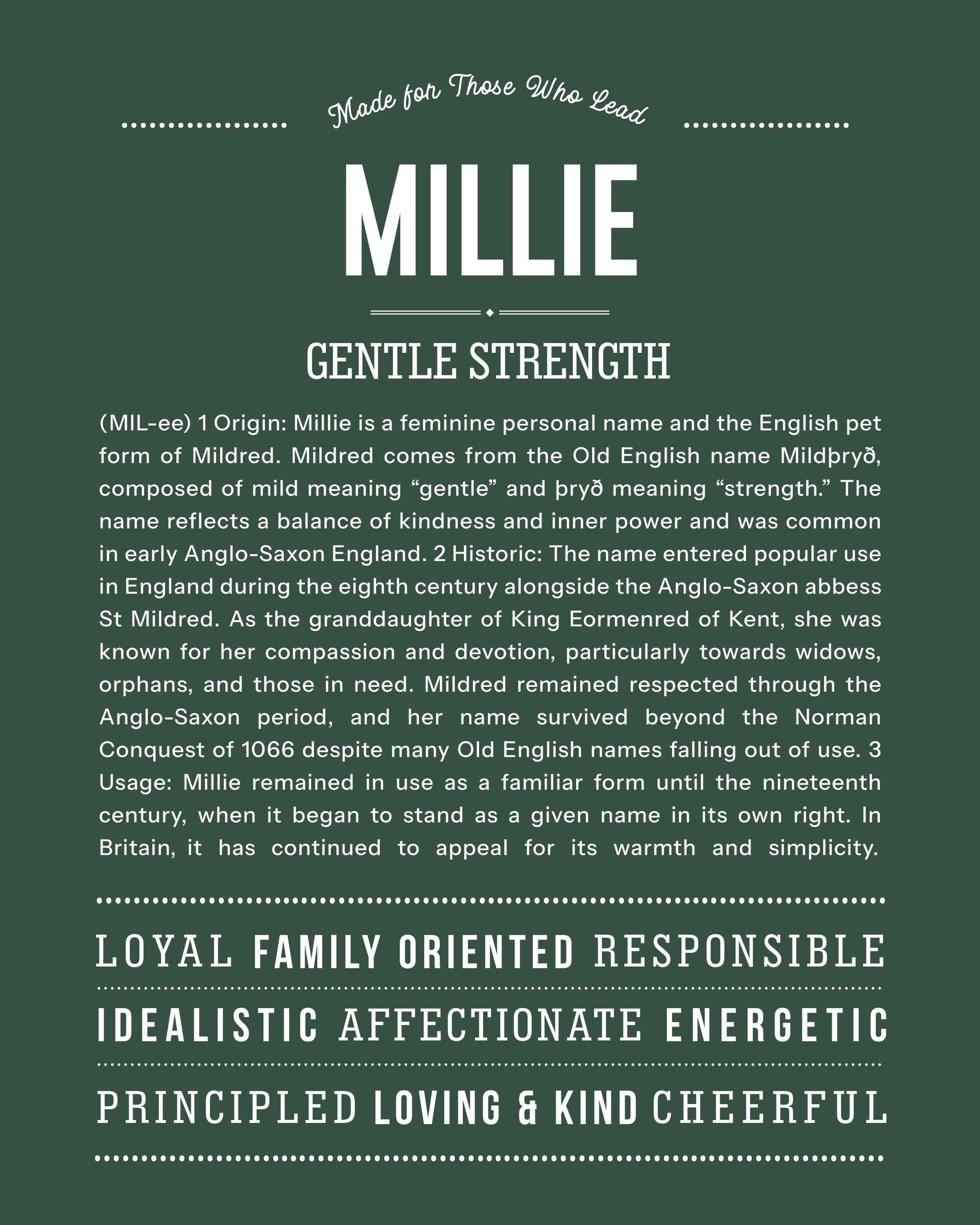 Millie | Personalised Name Meaning Print – Custom Name Art Gift