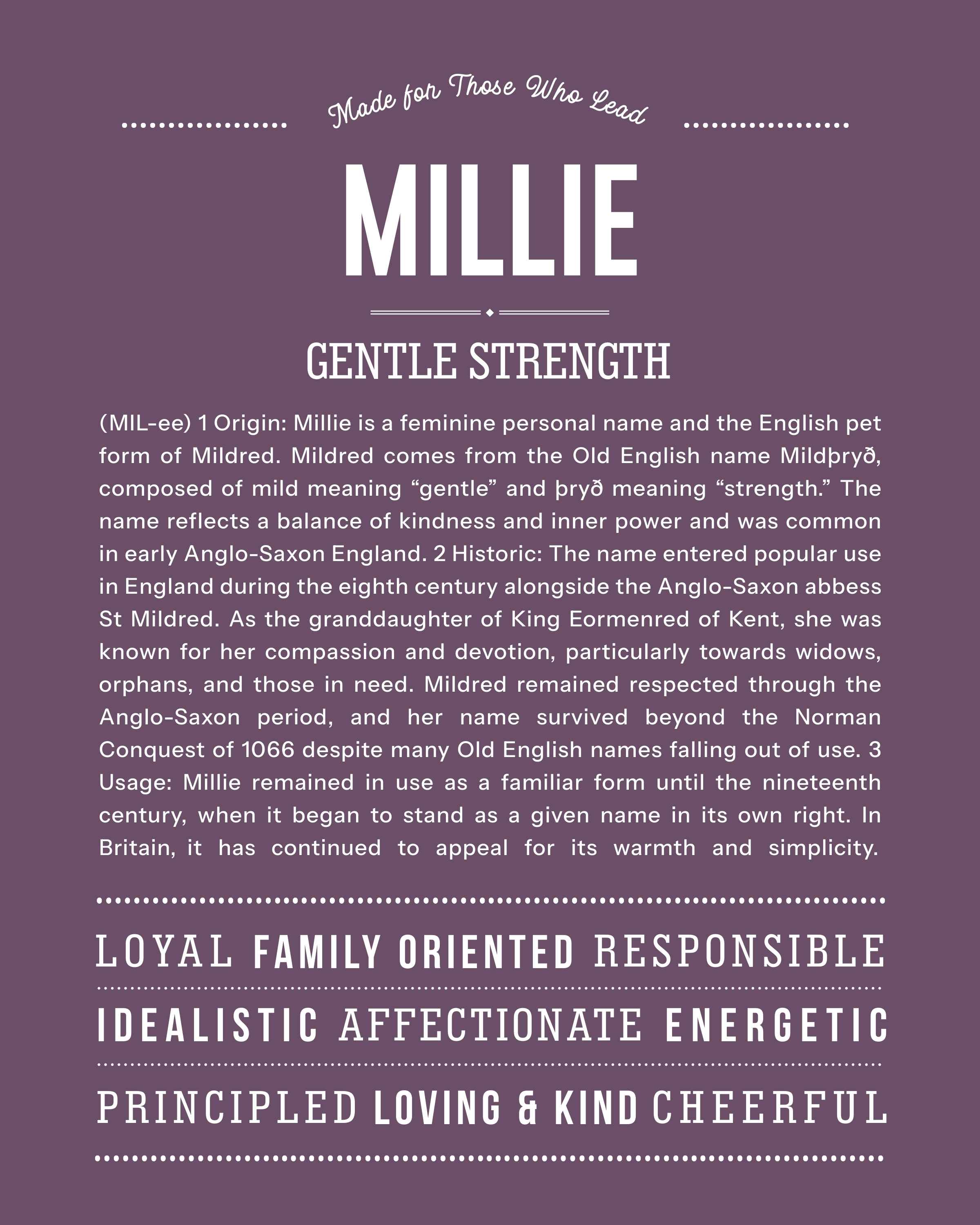 Millie | Personalised Name Meaning Print – Custom Name Art Gift