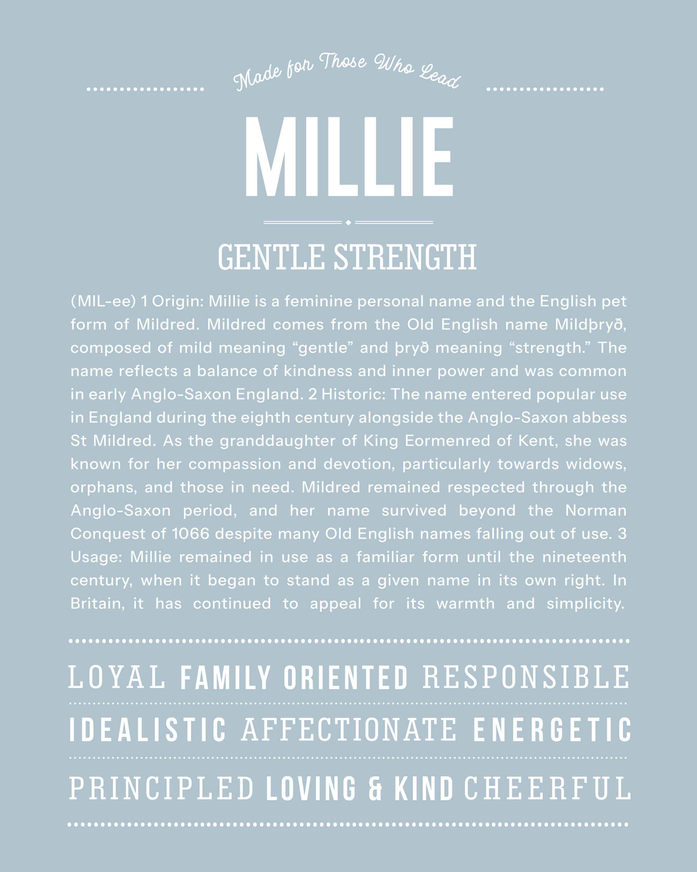Millie | Personalised Name Meaning Print – Custom Name Art Gift