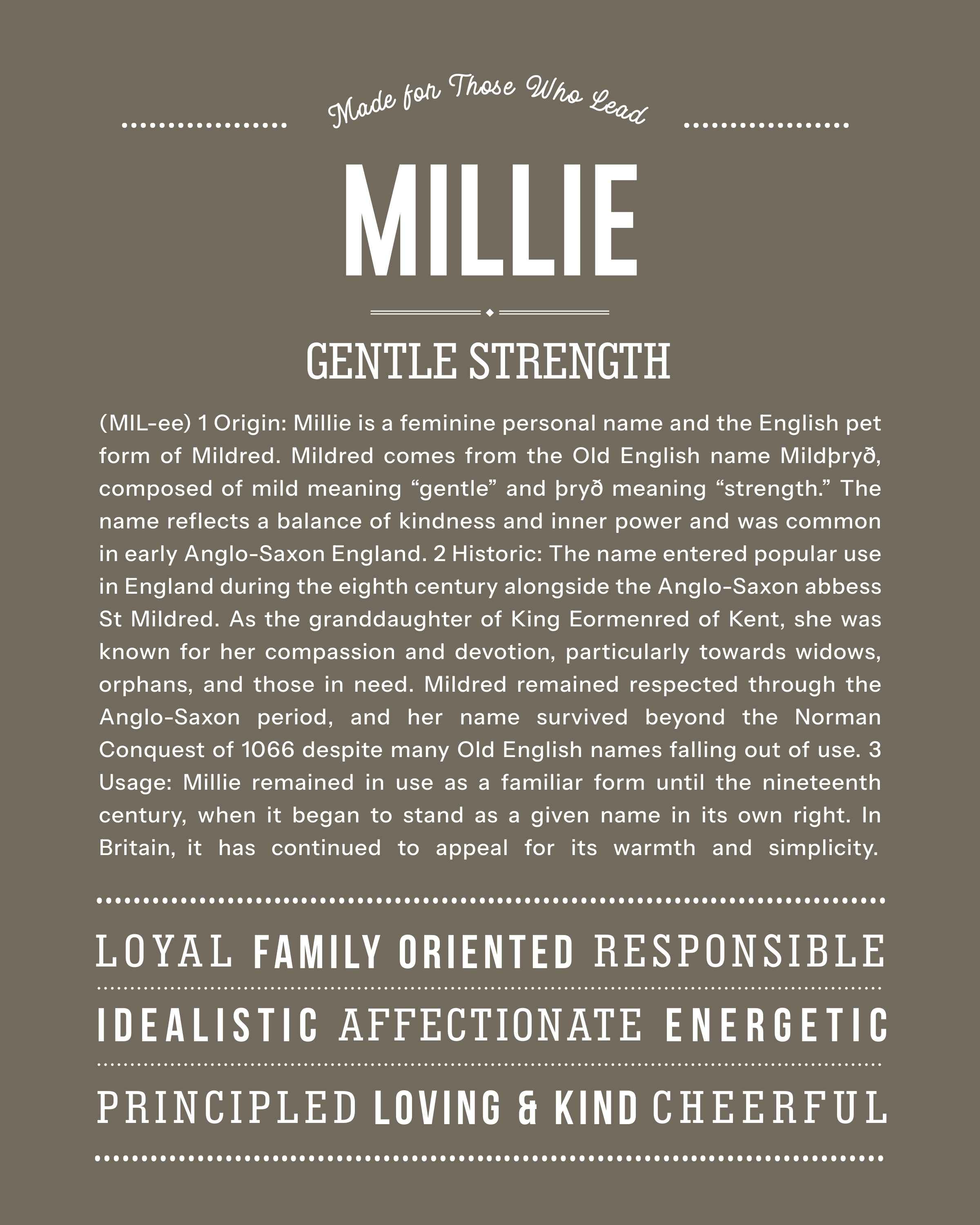 Millie | Personalised Name Meaning Print – Custom Name Art Gift