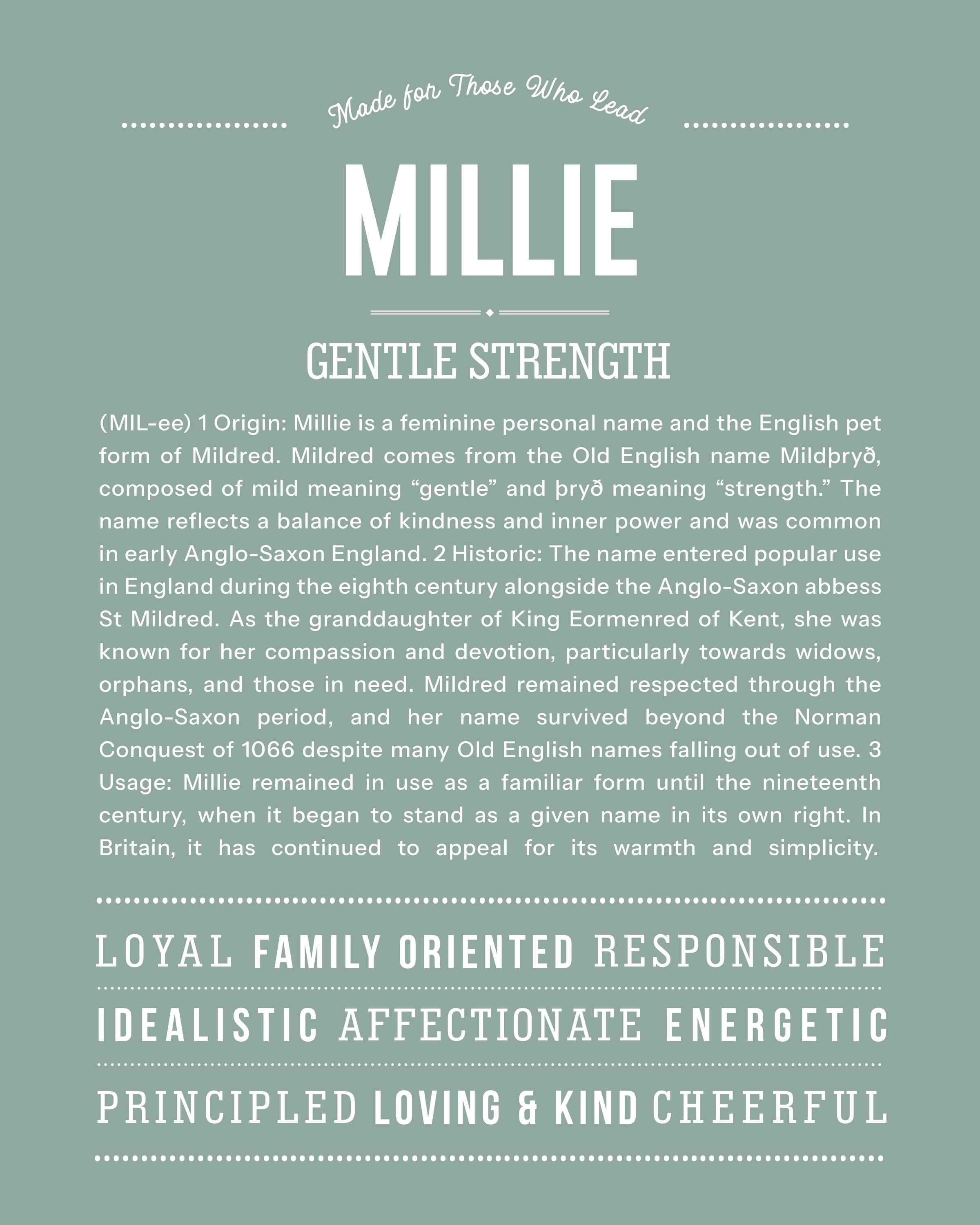 Millie | Personalised Name Meaning Print – Custom Name Art Gift
