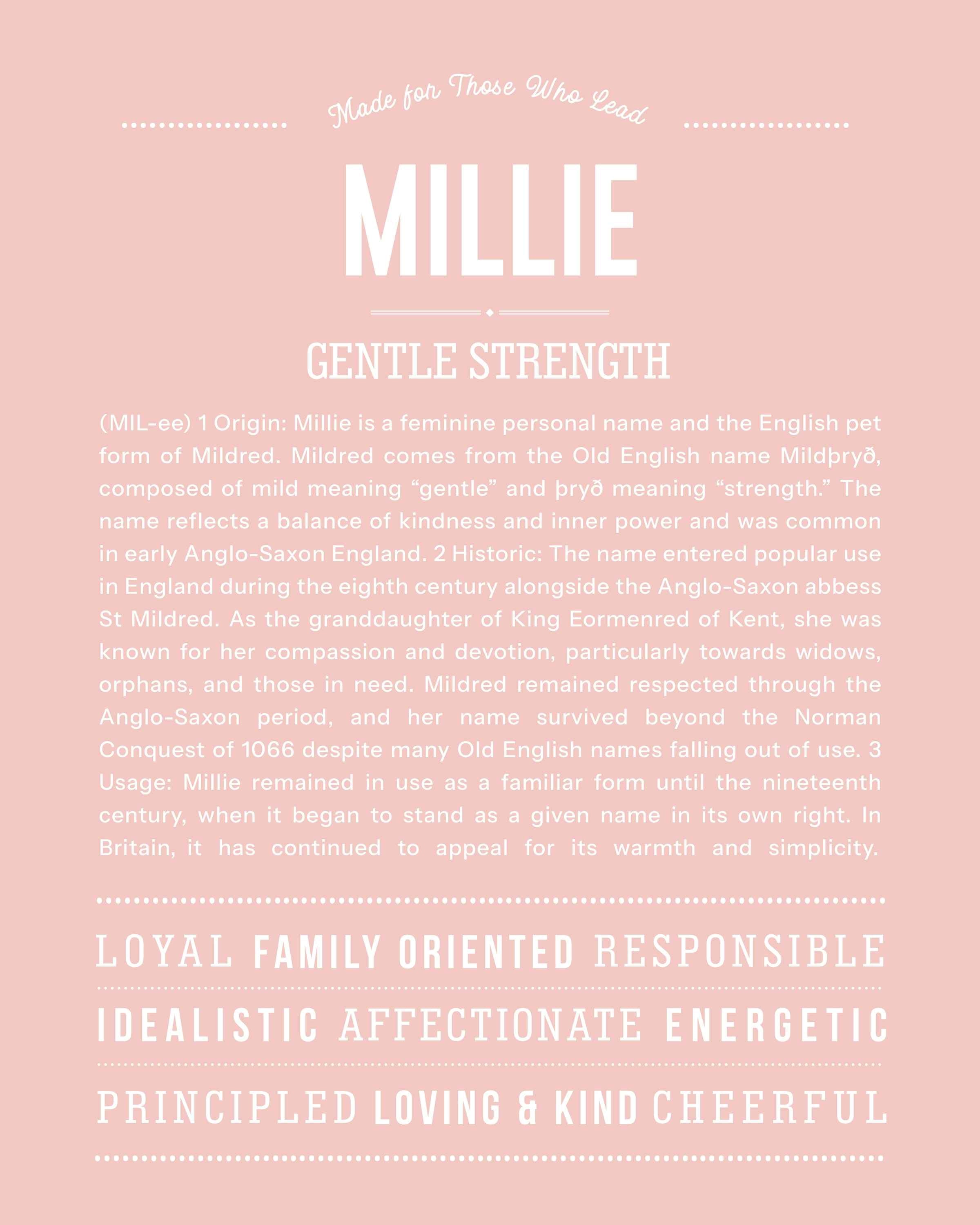 Millie | Personalised Name Meaning Print – Custom Name Art Gift
