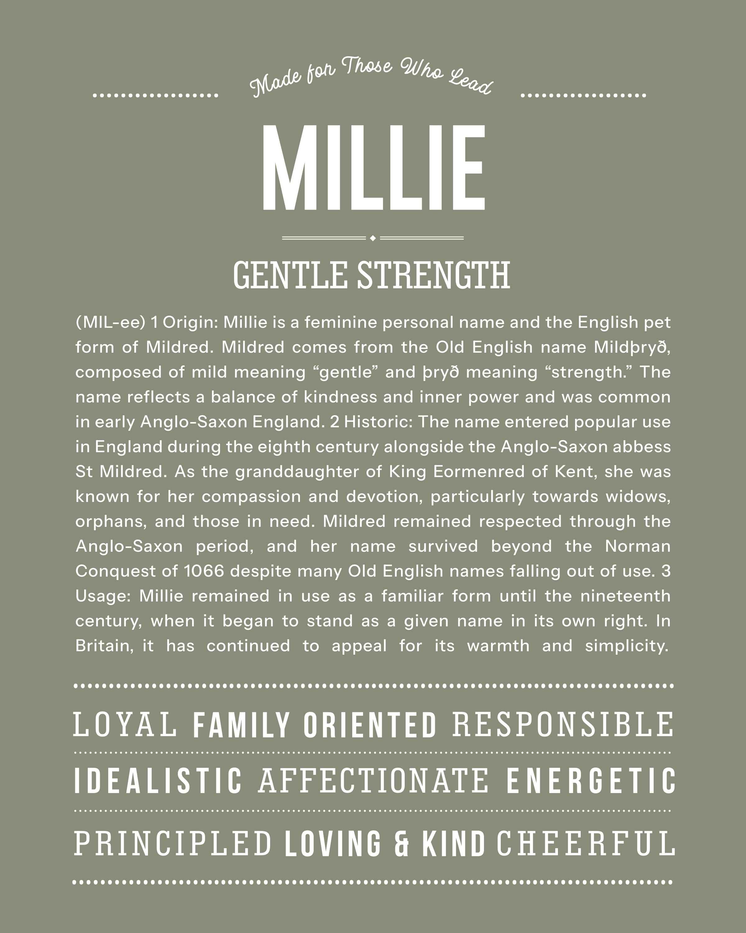 Millie | Personalised Name Meaning Print – Custom Name Art Gift