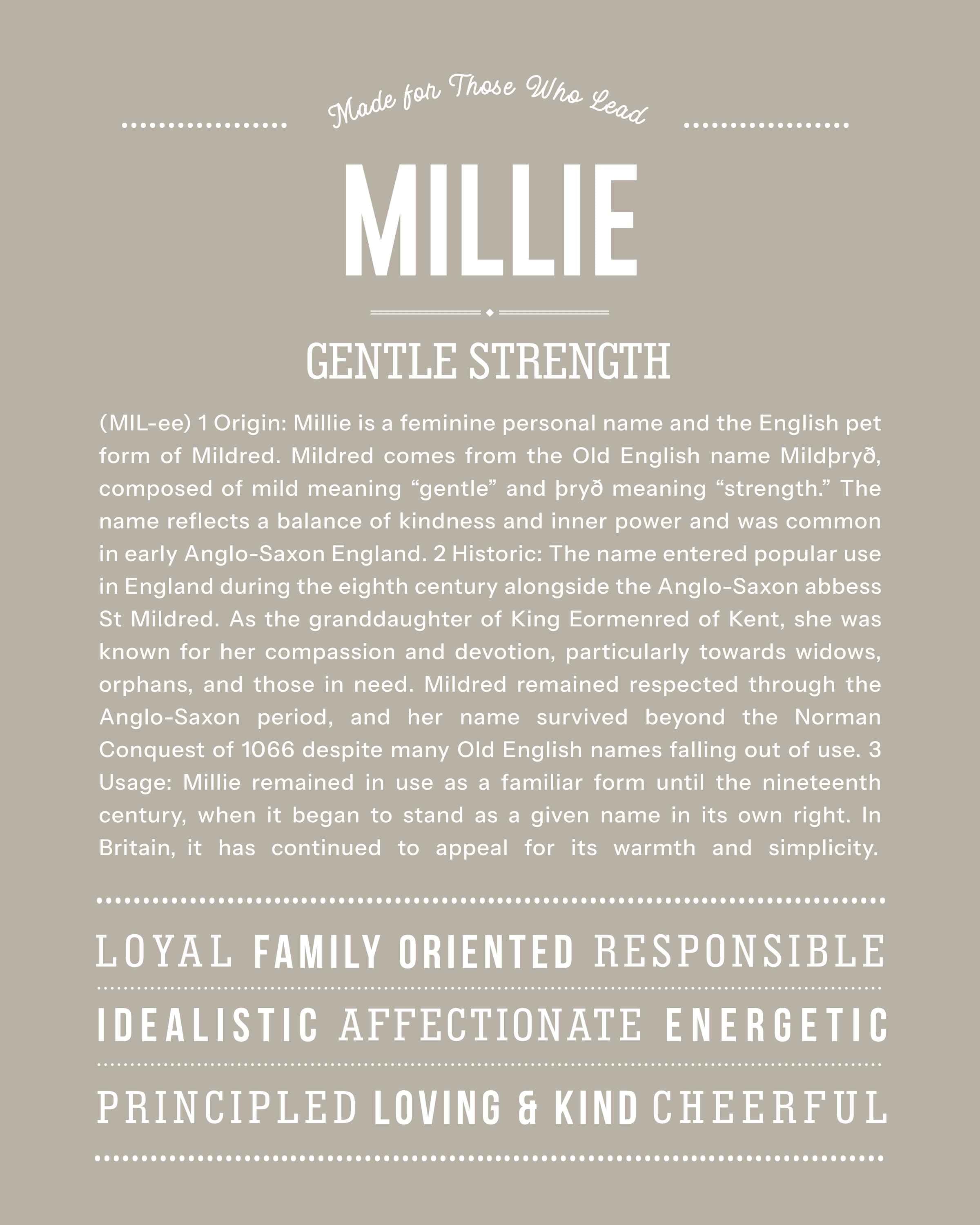 Millie | Personalised Name Meaning Print – Custom Name Art Gift