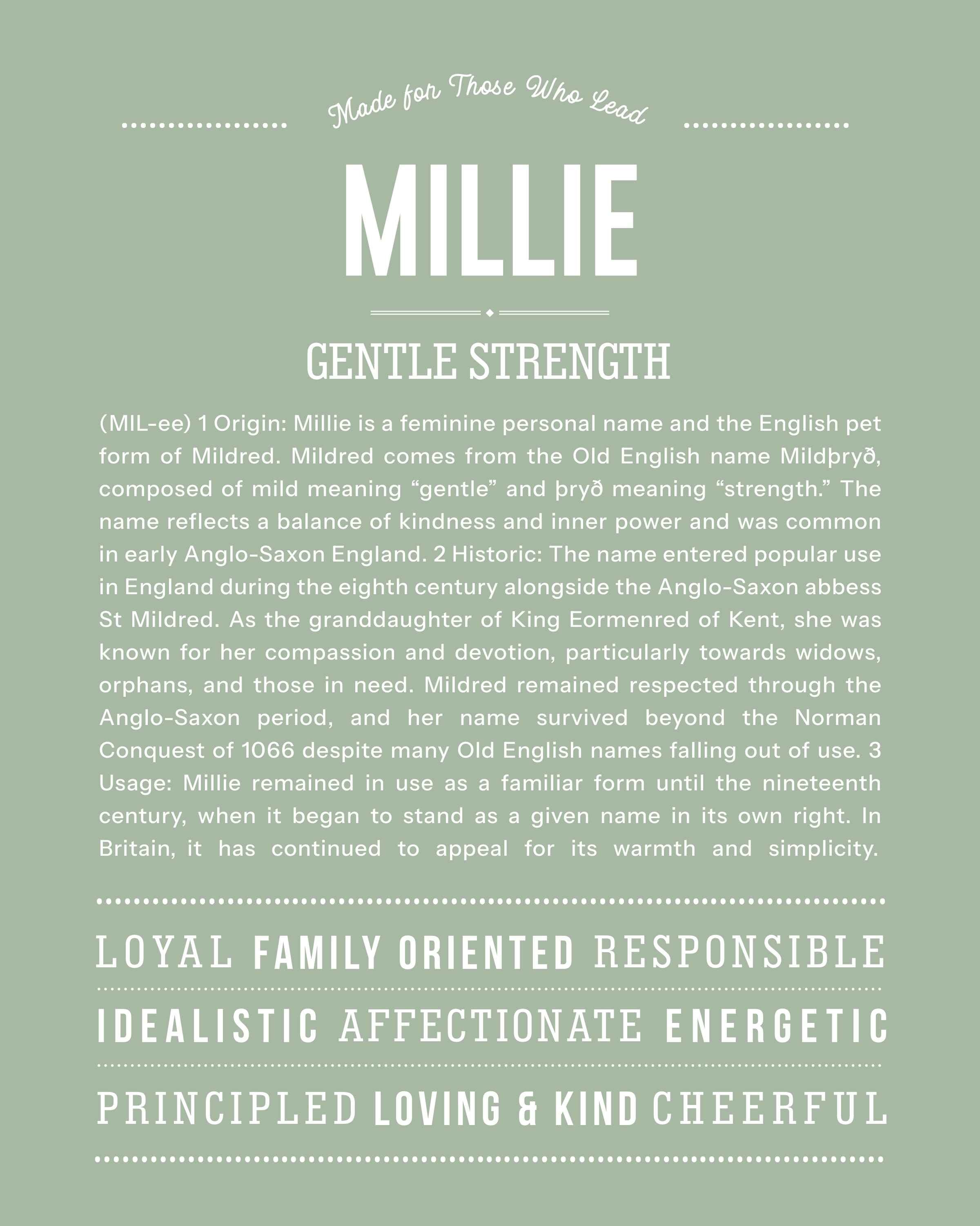 Millie | Personalised Name Meaning Print – Custom Name Art Gift