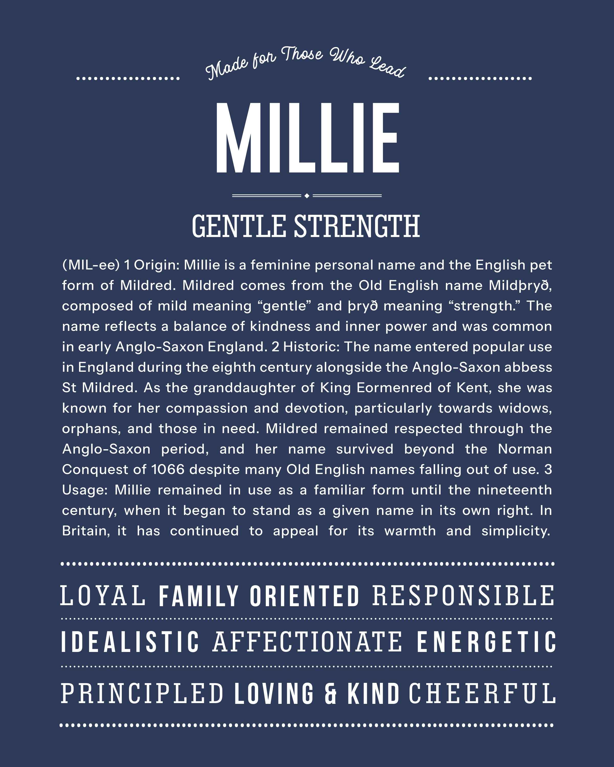 Millie | Personalised Name Meaning Print – Custom Name Art Gift