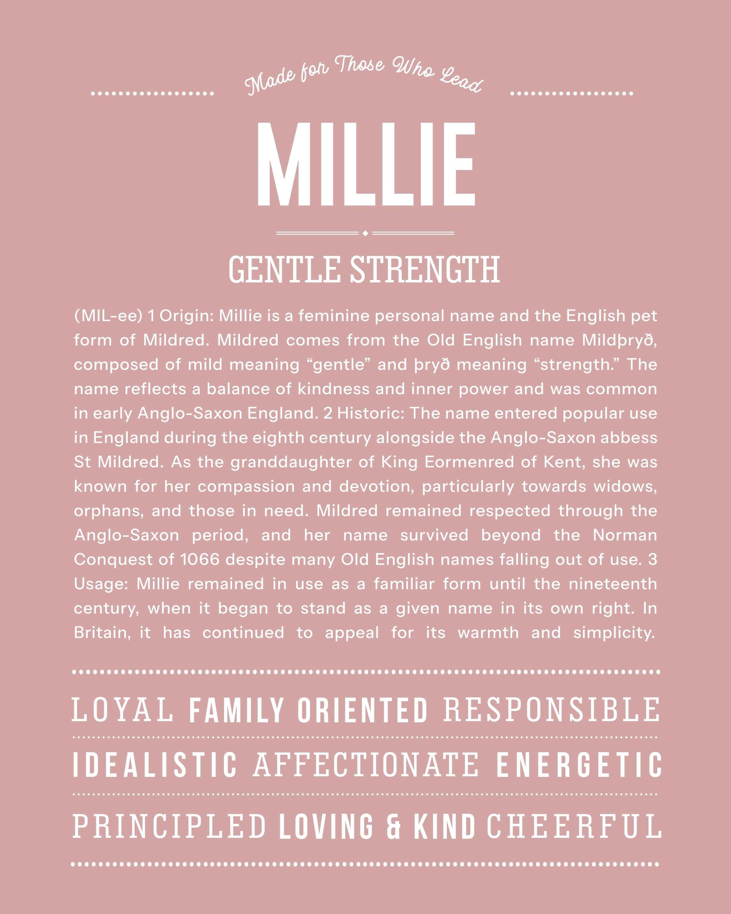 Millie | Personalised Name Meaning Print – Custom Name Art Gift