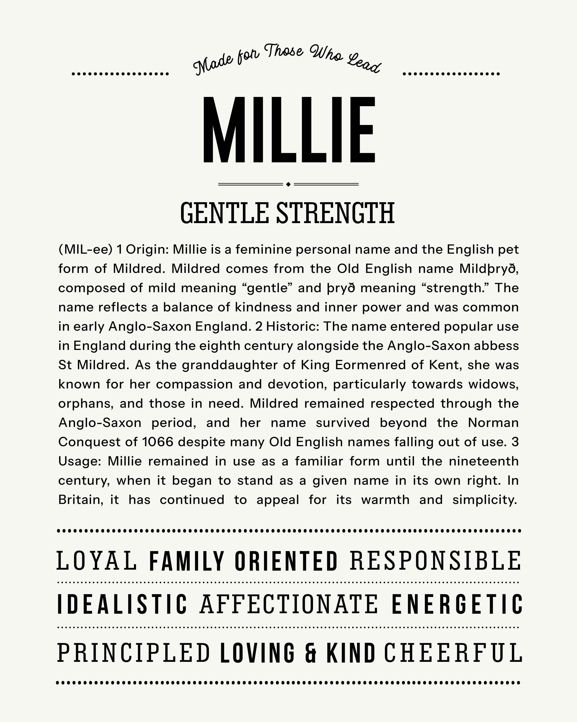 Millie | Personalised Name Meaning Print – Custom Name Art Gift