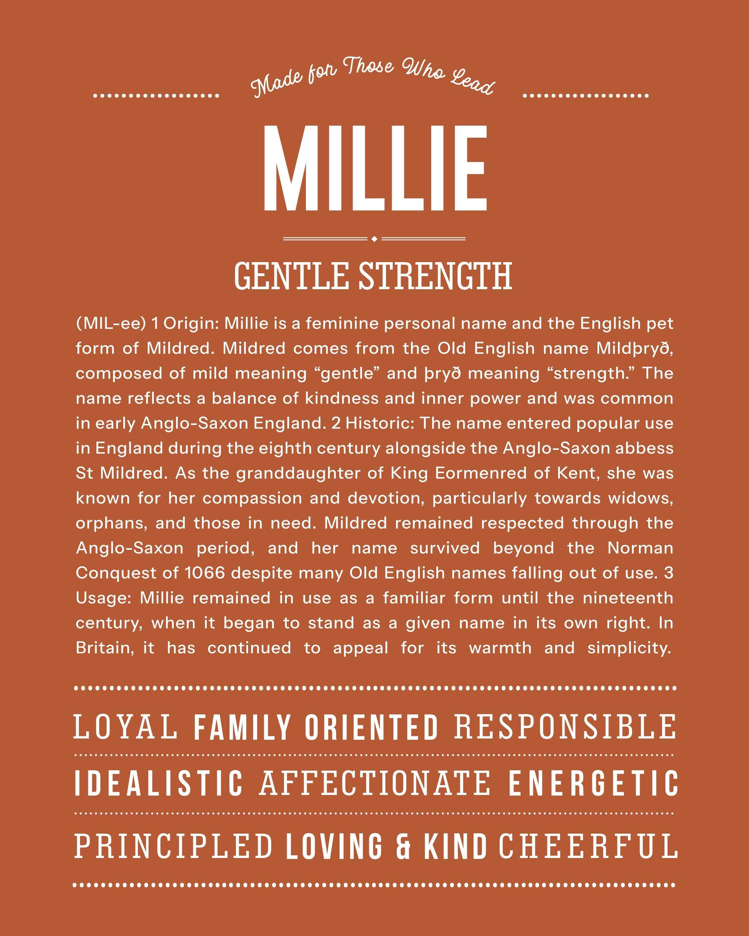 Millie | Personalised Name Meaning Print – Custom Name Art Gift