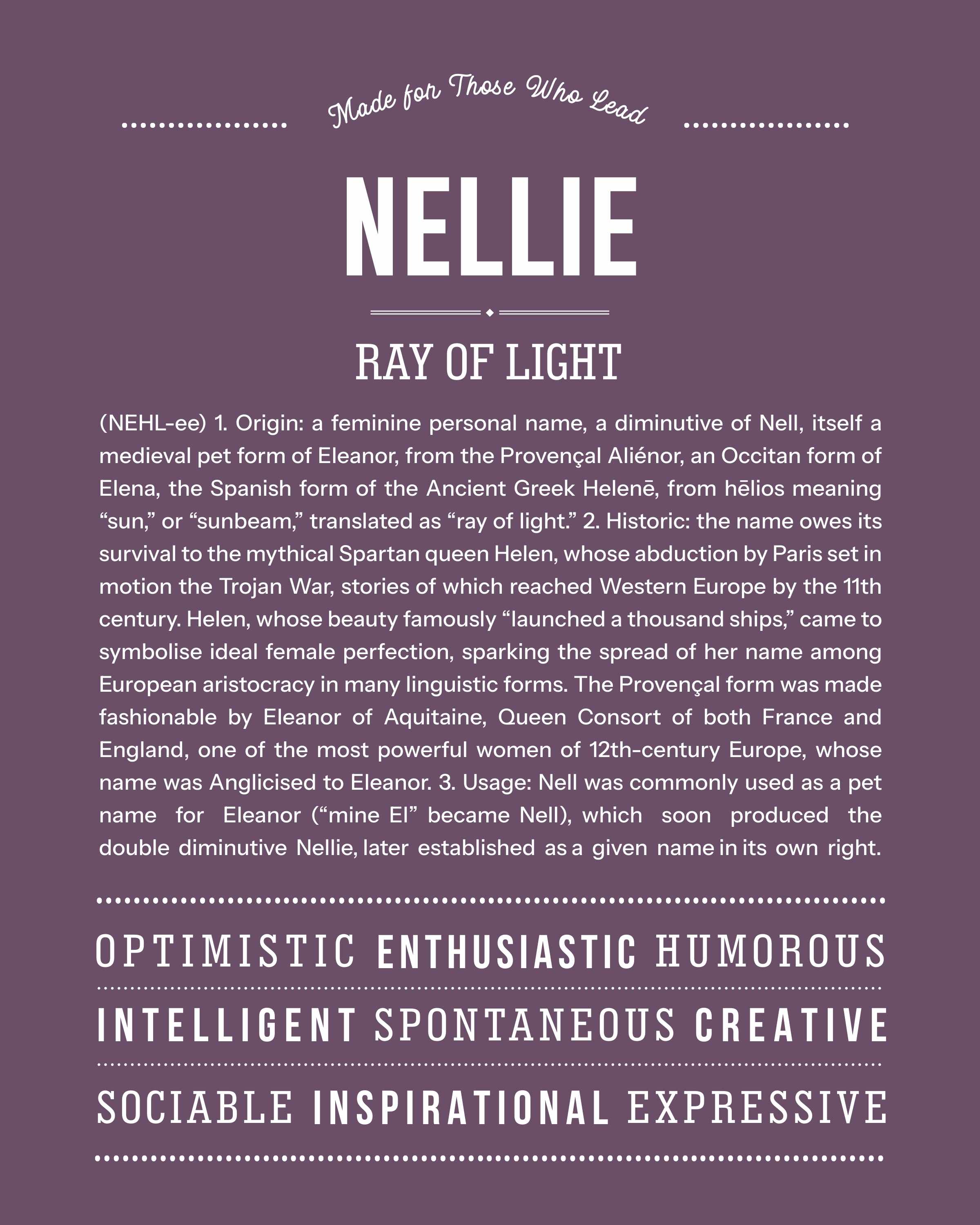Nellie | Personalised Name Meaning Print – Custom Name Art Gift
