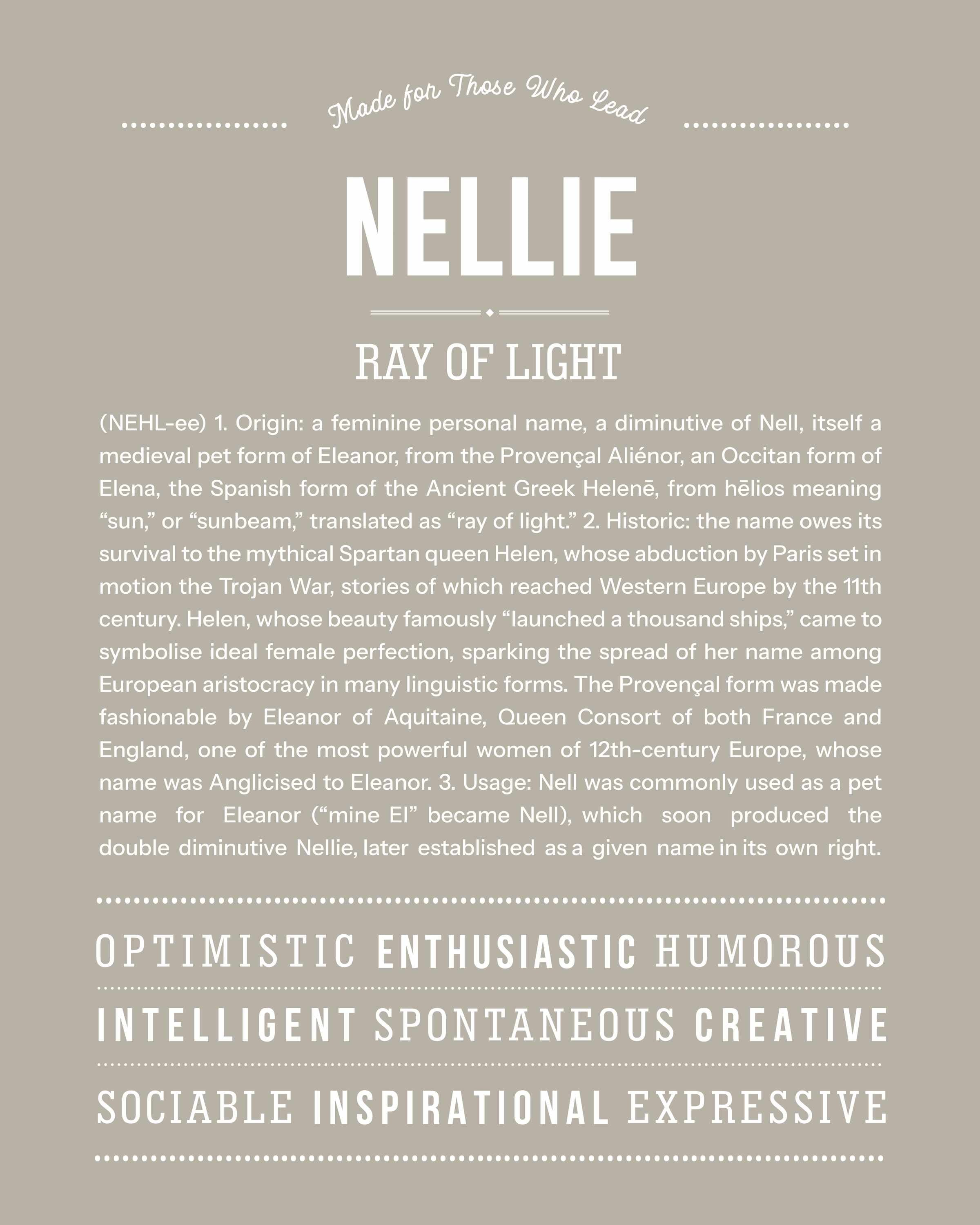 Nellie | Personalised Name Meaning Print – Custom Name Art Gift