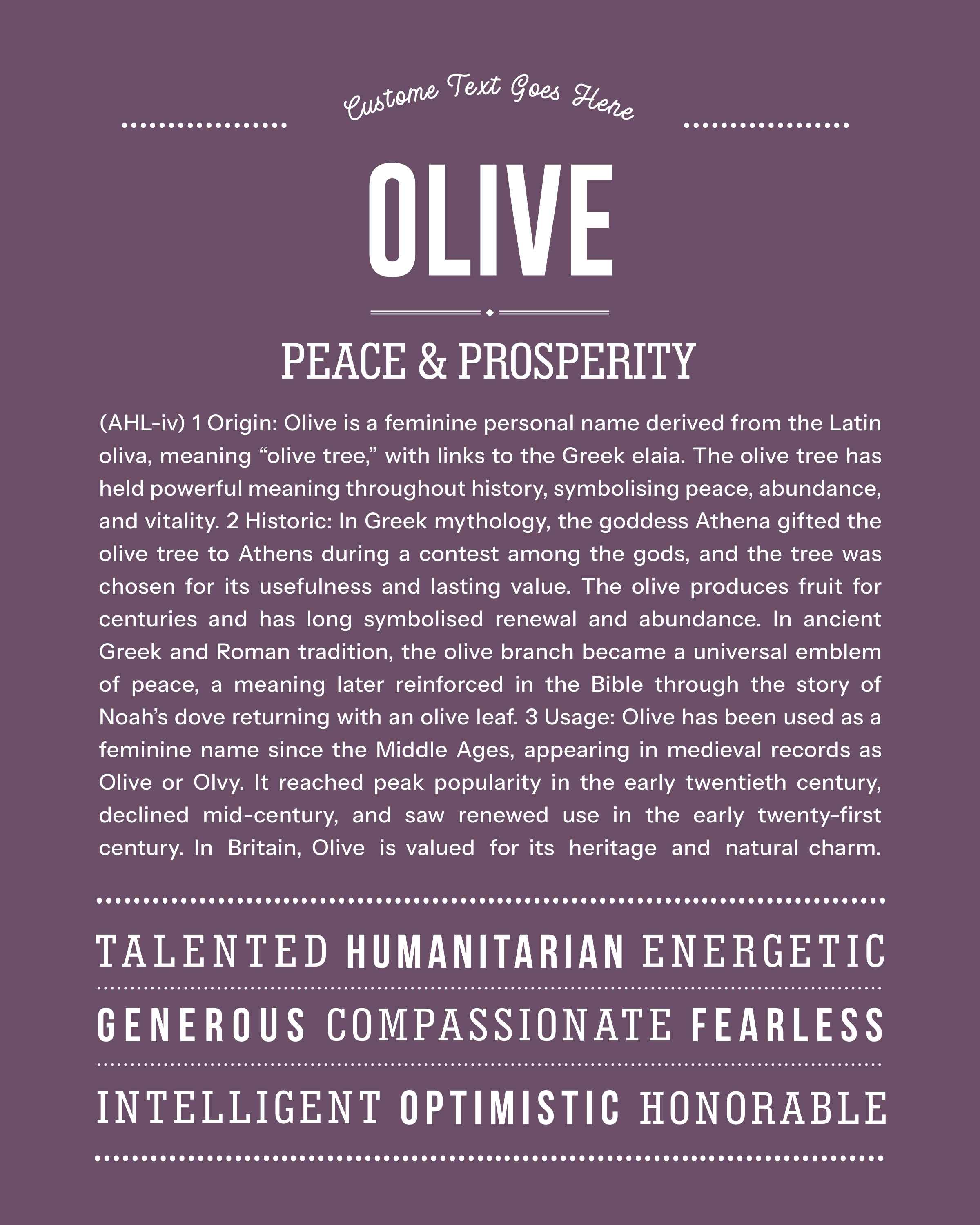 Olive | Personalised Name Meaning Print – Custom Name Art Gift