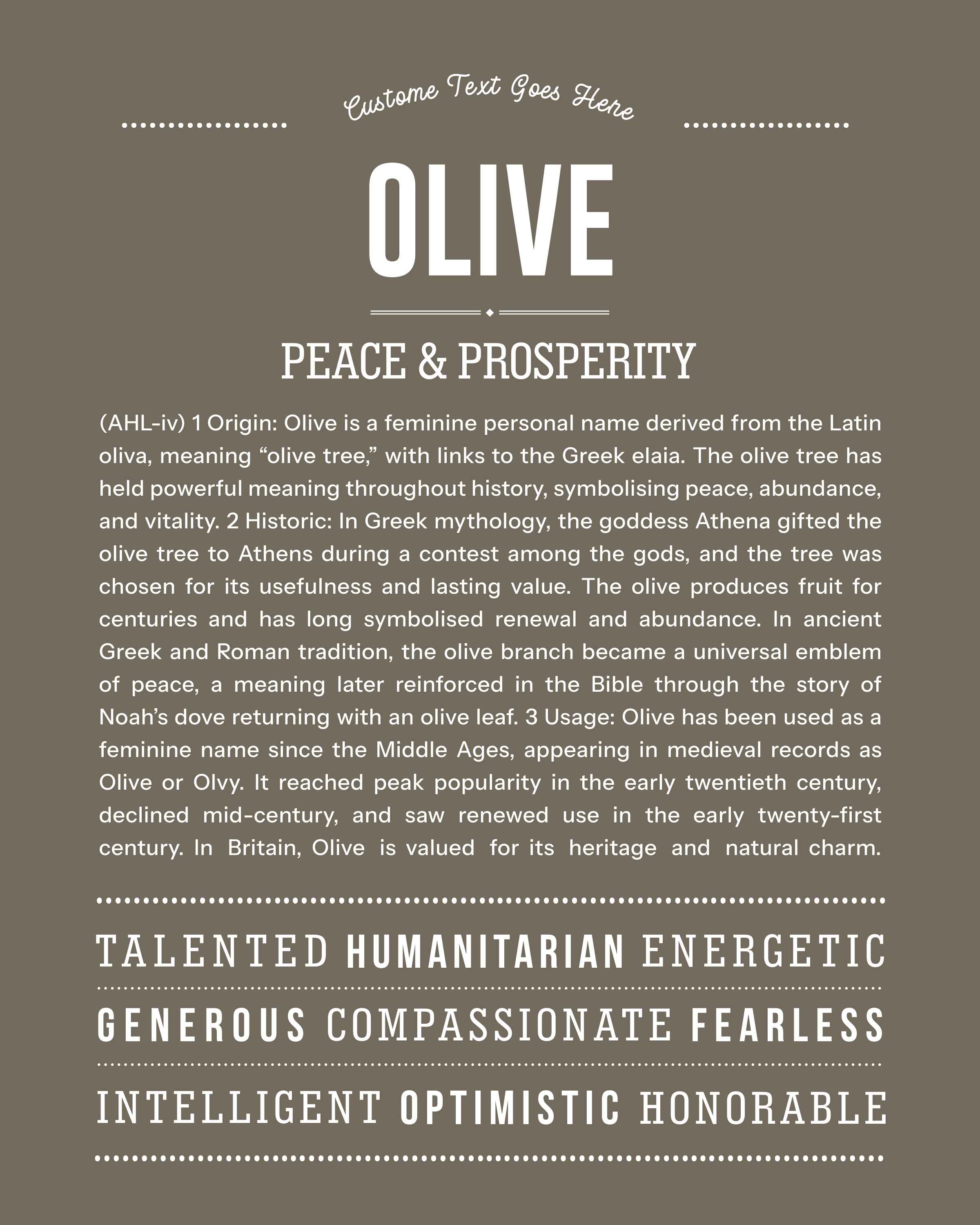 Olive | Personalised Name Meaning Print – Custom Name Art Gift