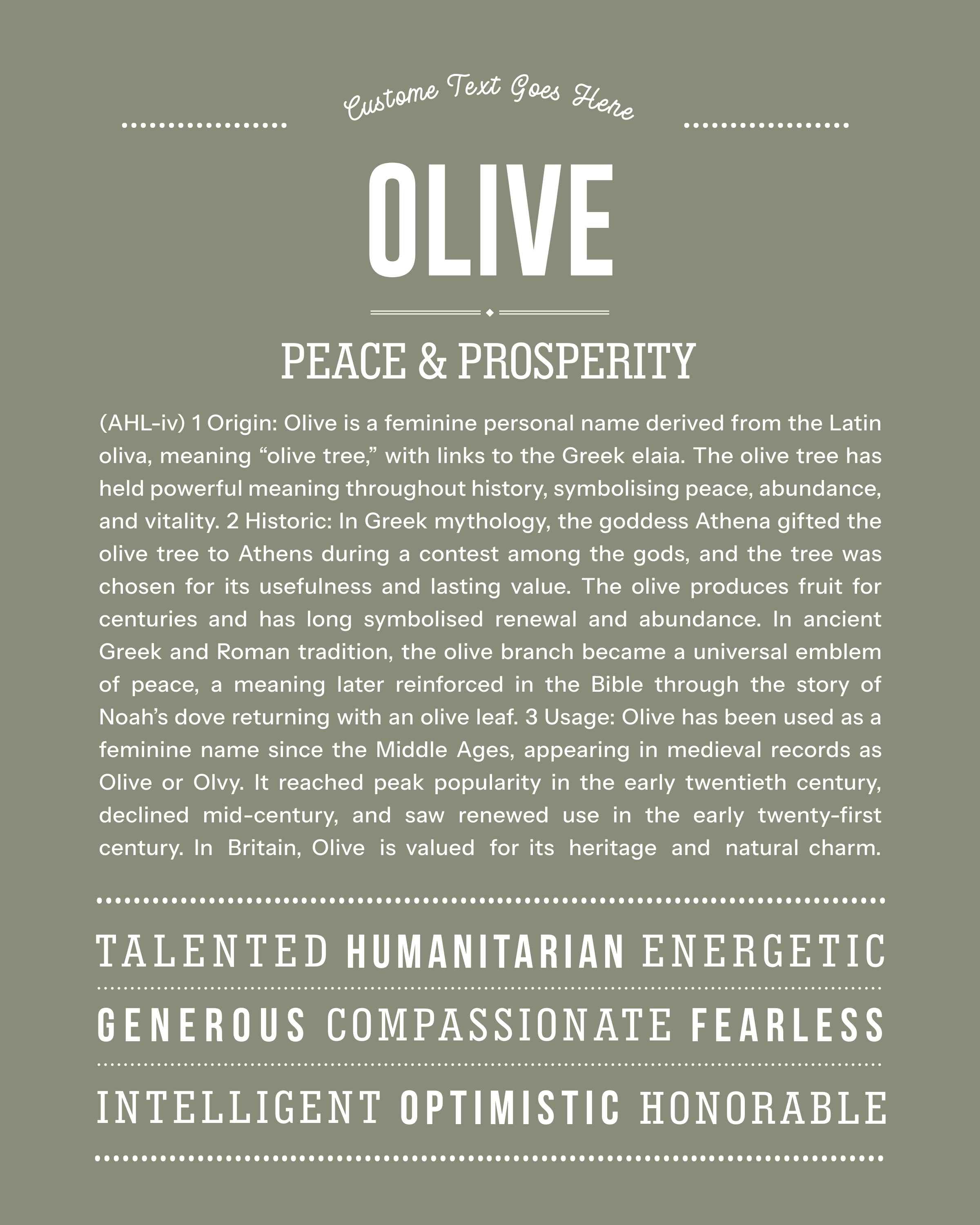 Olive | Personalised Name Meaning Print – Custom Name Art Gift