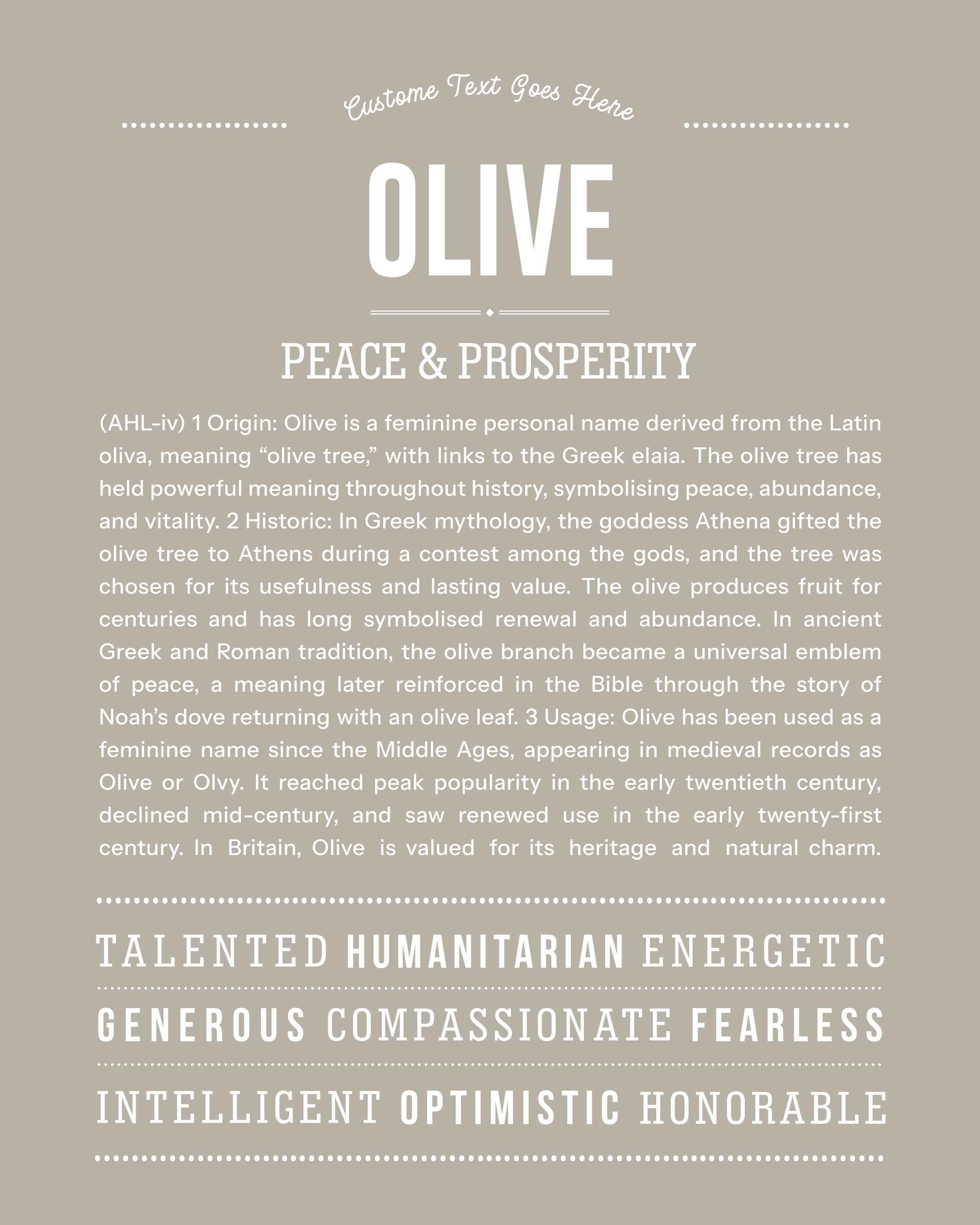 Olive | Personalised Name Meaning Print – Custom Name Art Gift