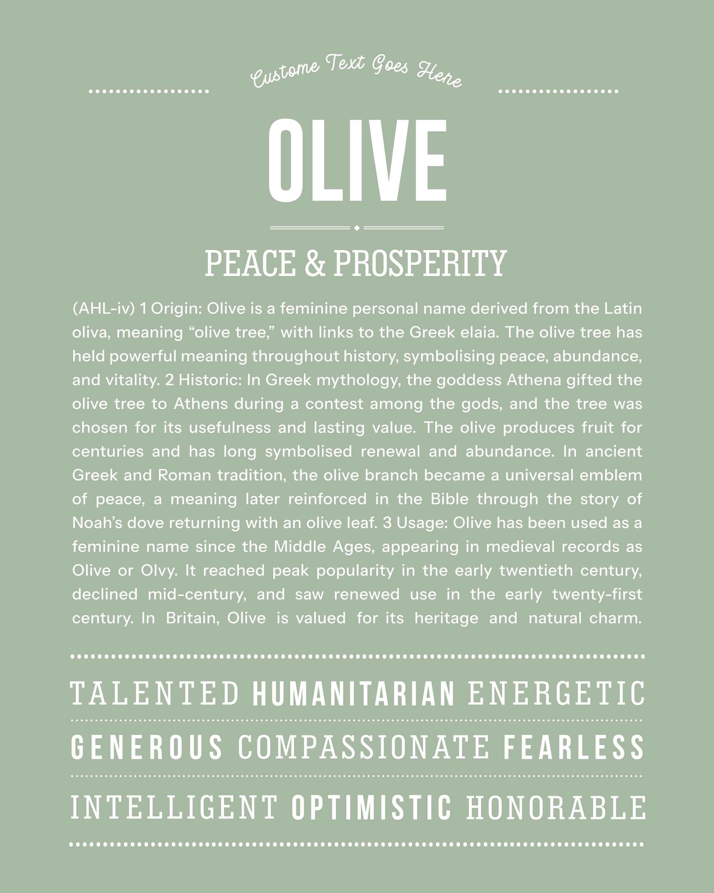 Olive | Personalised Name Meaning Print – Custom Name Art Gift