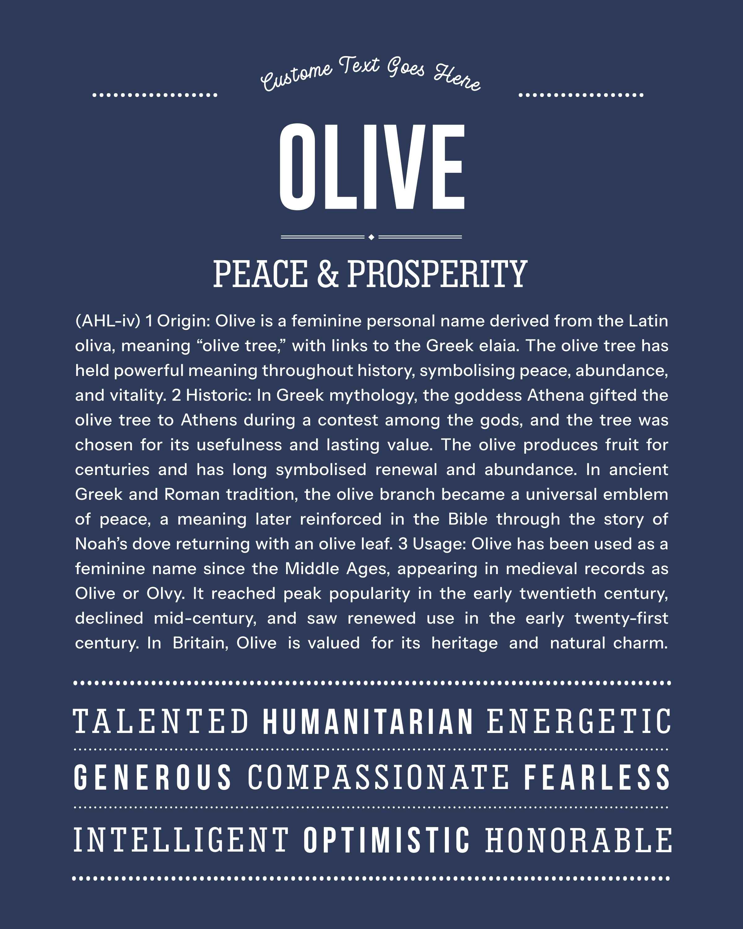 Olive | Personalised Name Meaning Print – Custom Name Art Gift