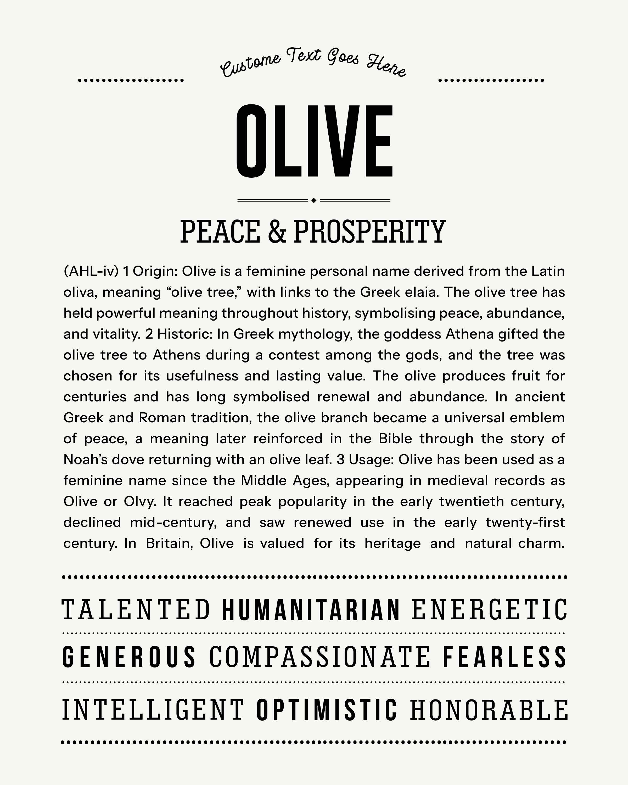 Olive | Personalised Name Meaning Print – Custom Name Art Gift
