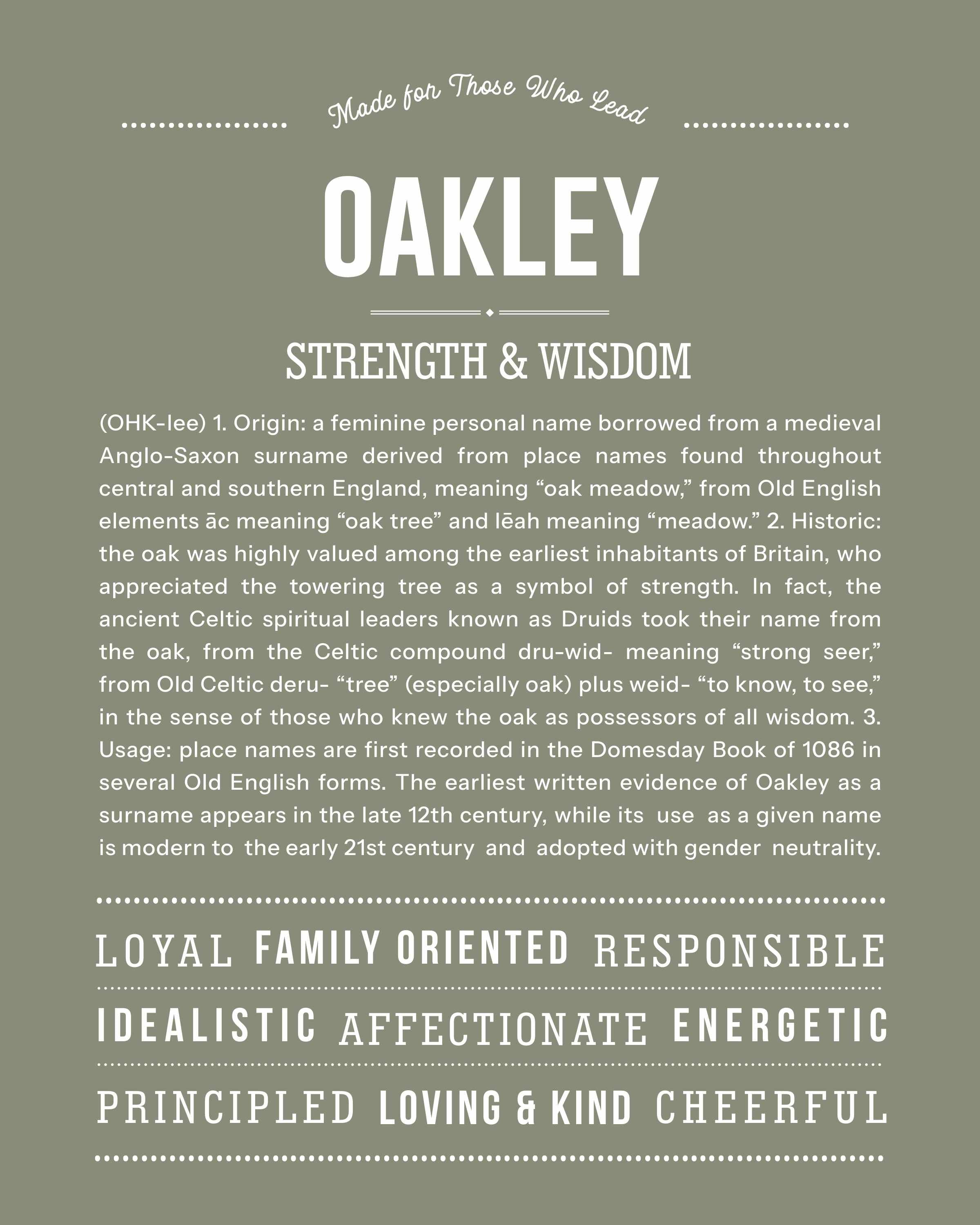 Oakley | Personalised Name Meaning Print – Custom Name Art Gift