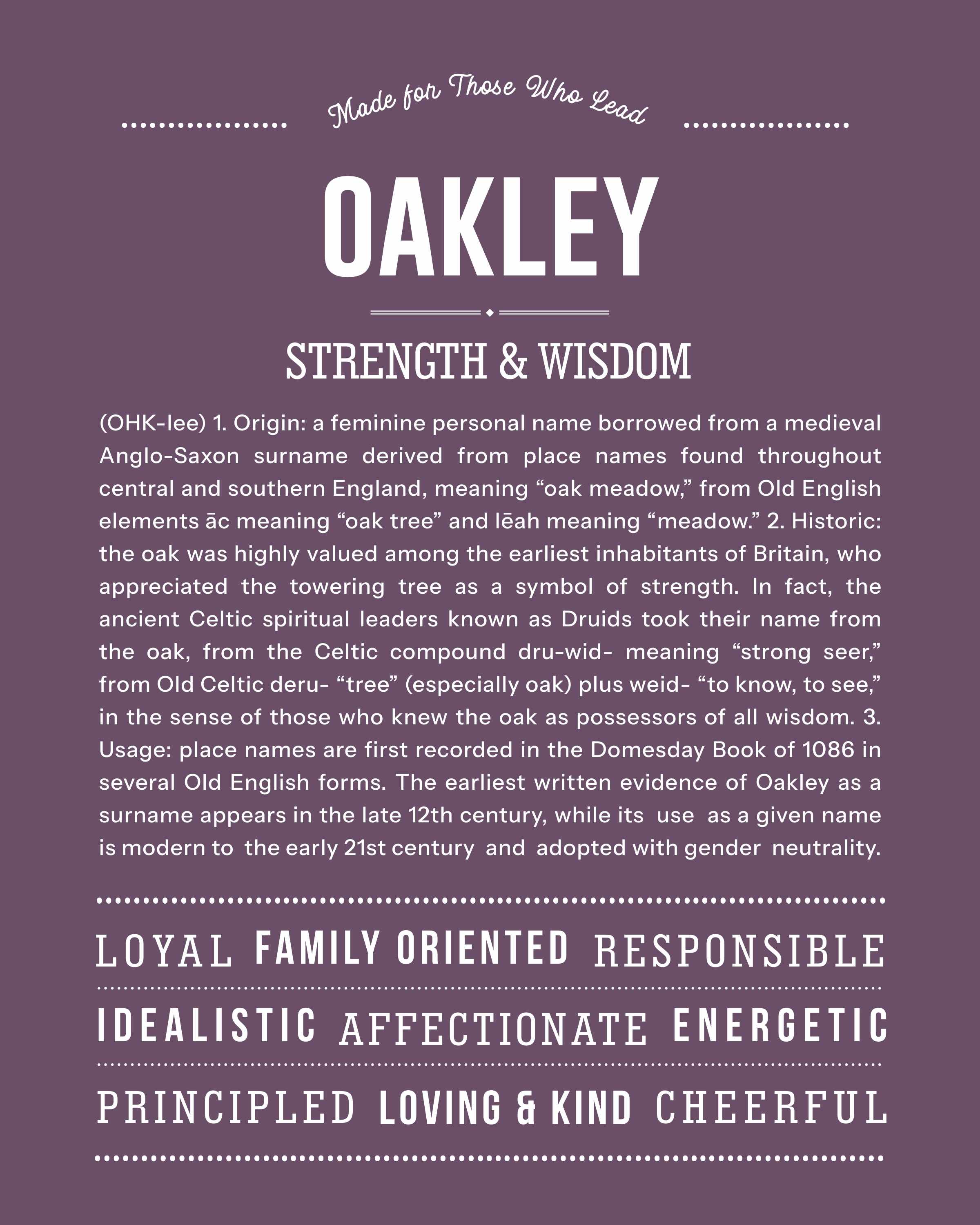 Oakley | Personalised Name Meaning Print – Custom Name Art Gift