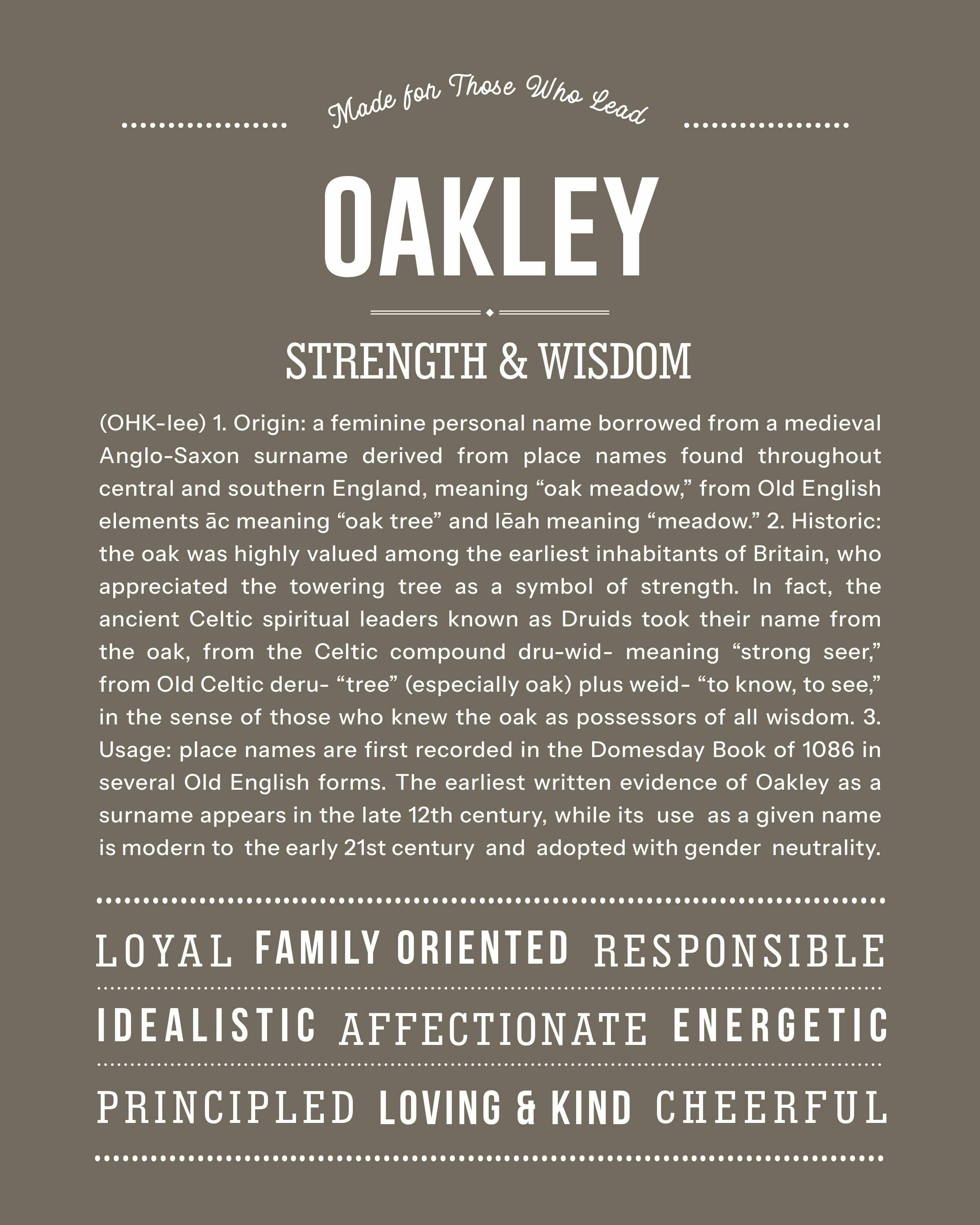 Oakley | Personalised Name Meaning Print – Custom Name Art Gift