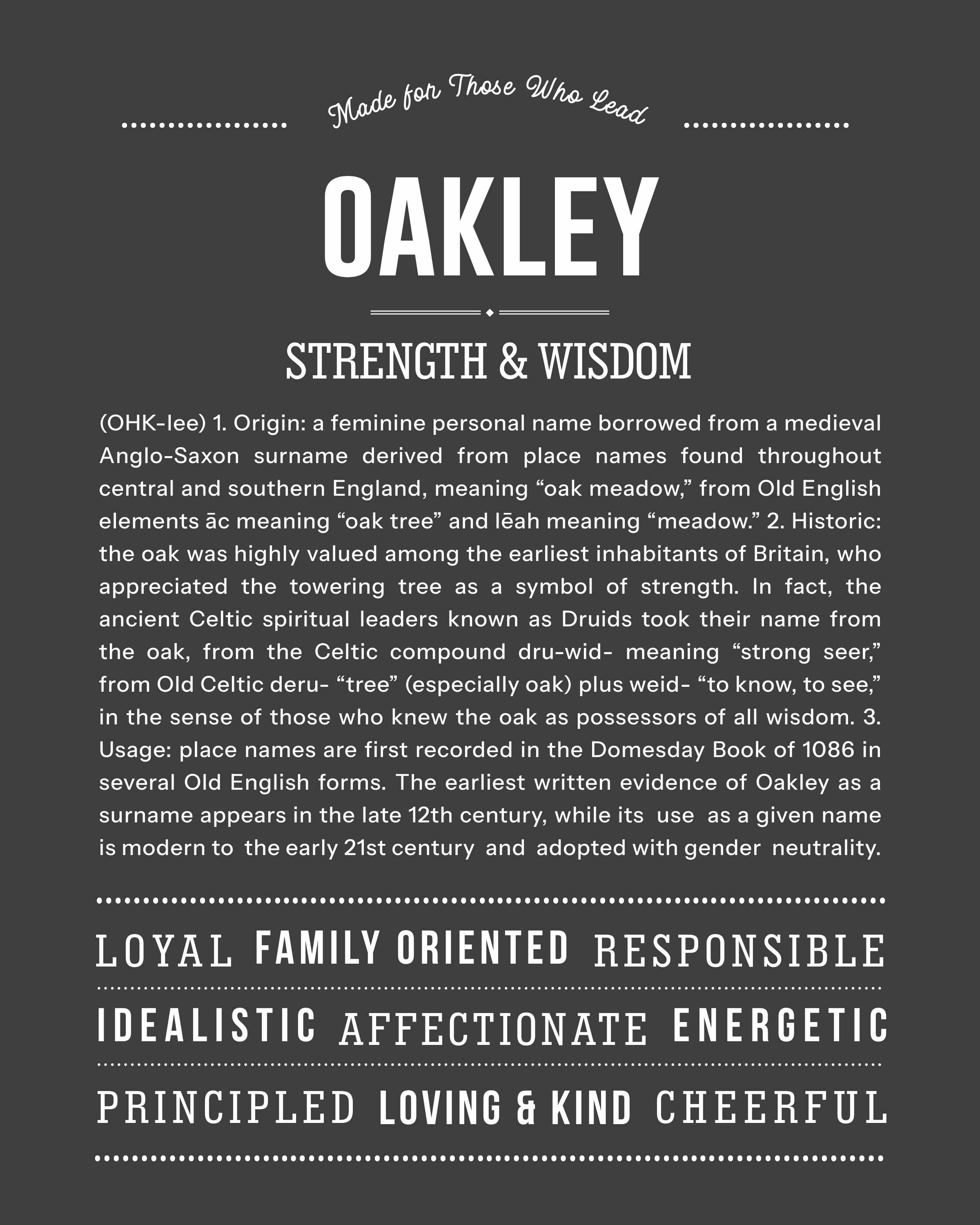 Oakley | Personalised Name Meaning Print – Custom Name Art Gift