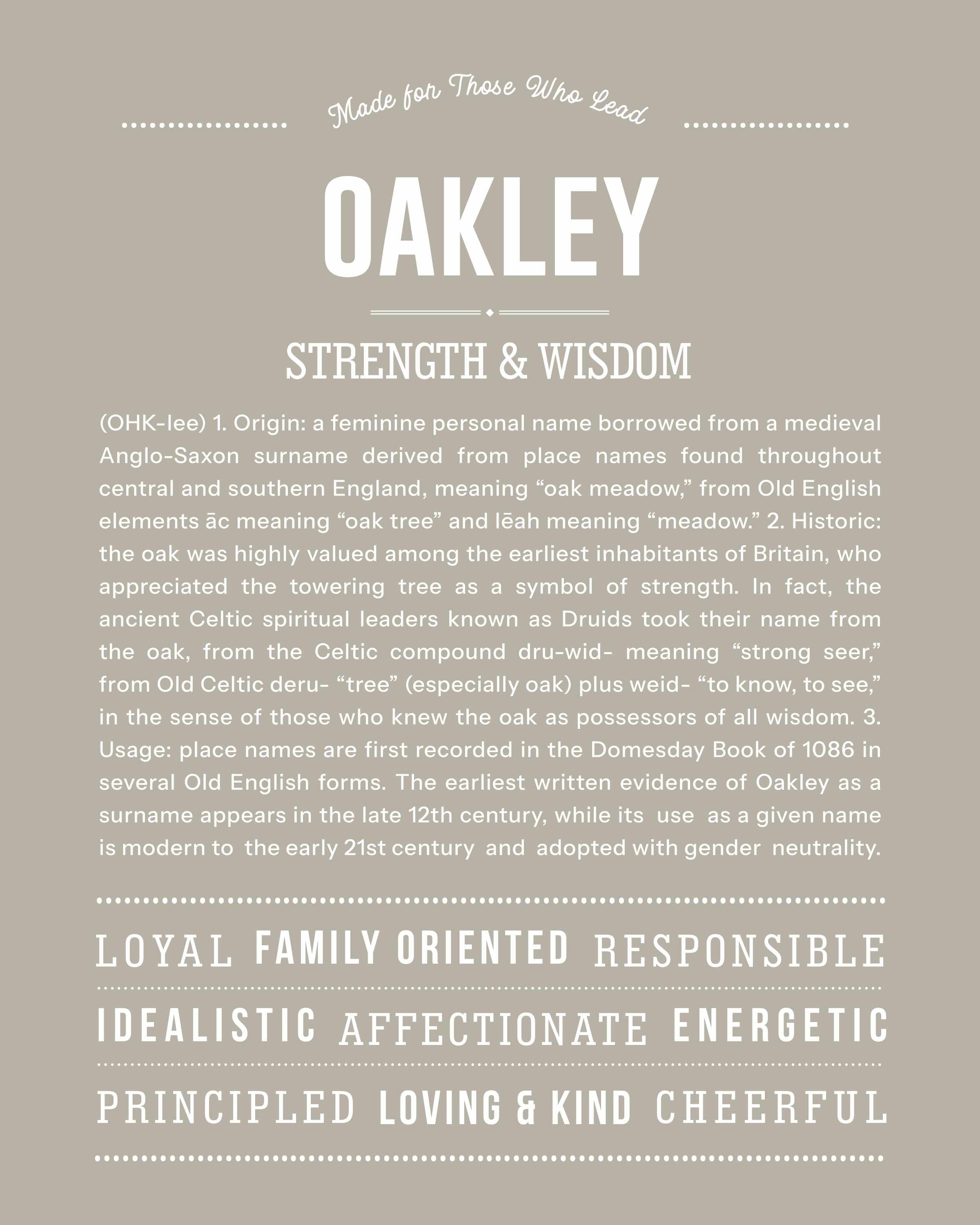 Oakley | Personalised Name Meaning Print – Custom Name Art Gift
