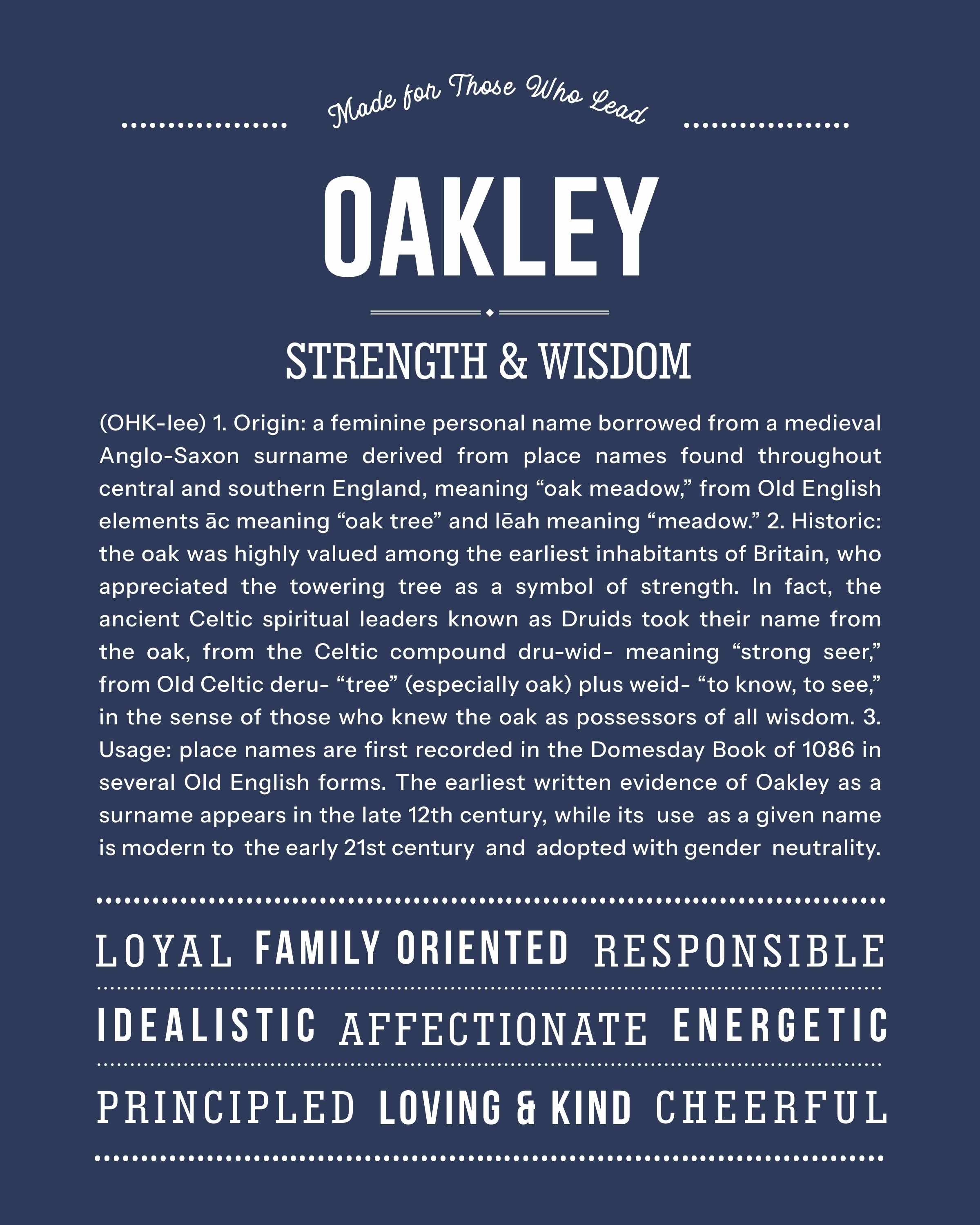 Oakley | Personalised Name Meaning Print – Custom Name Art Gift