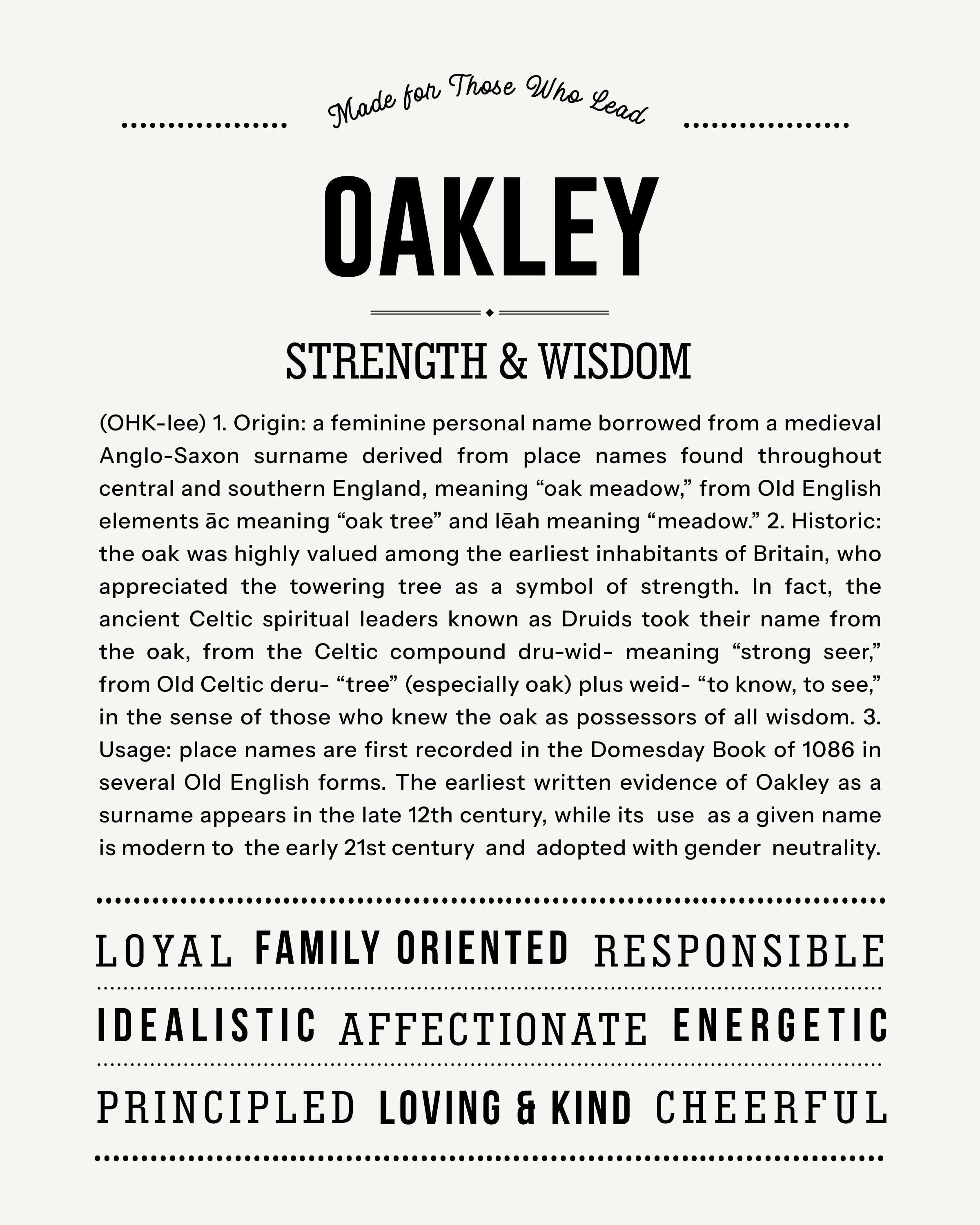 Oakley | Personalised Name Meaning Print – Custom Name Art Gift