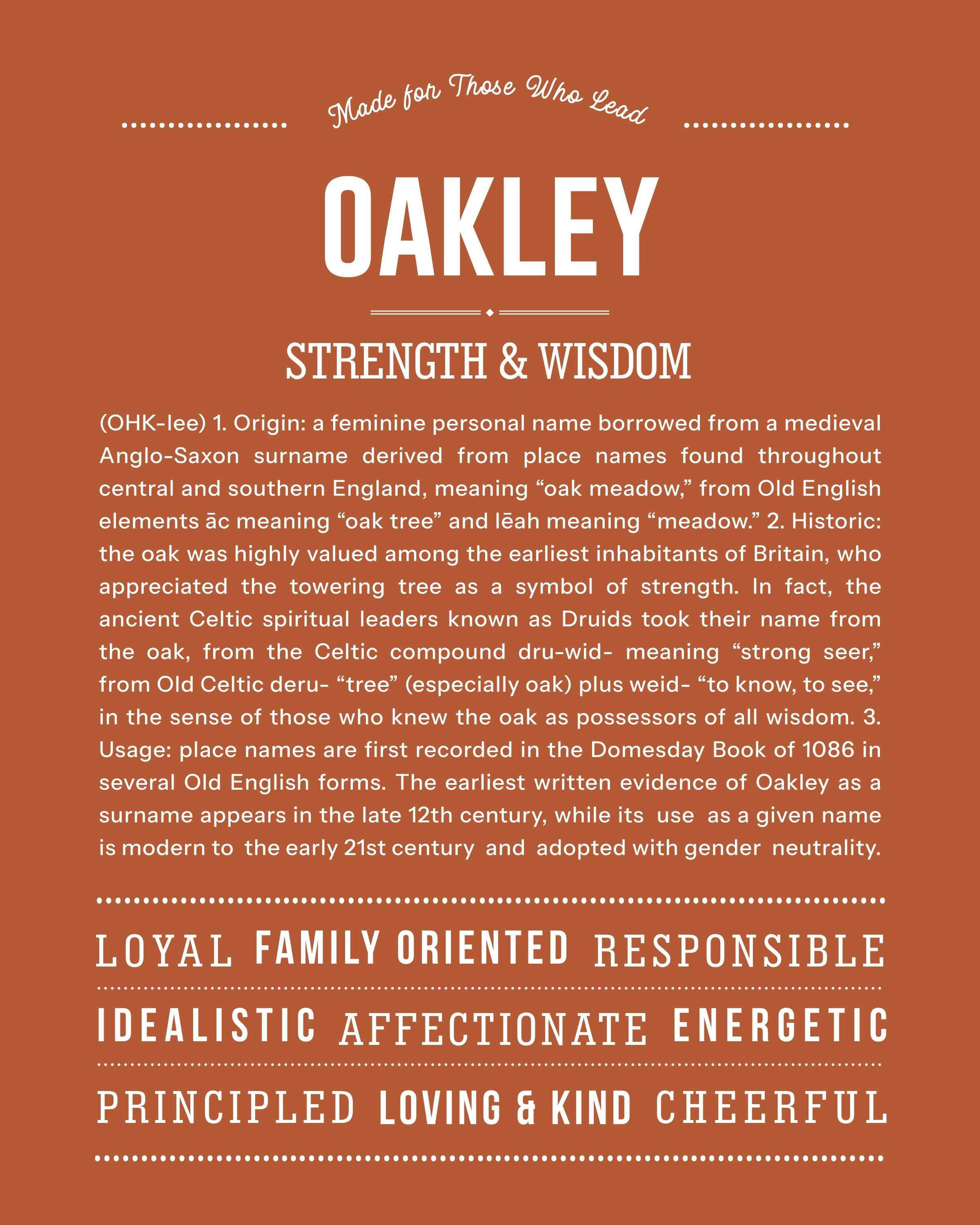 Oakley | Personalised Name Meaning Print – Custom Name Art Gift