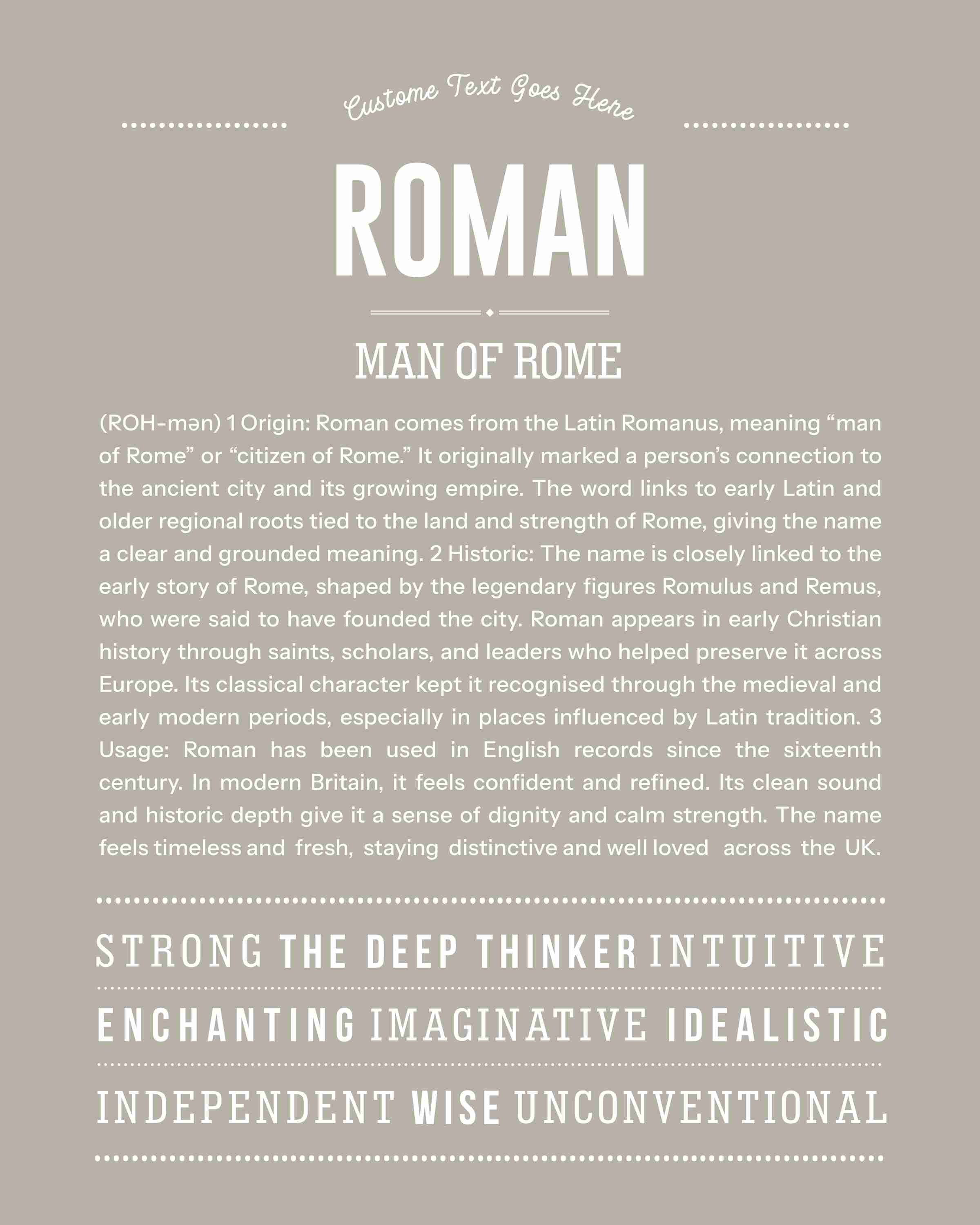 Roman | Personalised Name Meaning Print – Custom Name Art Gift