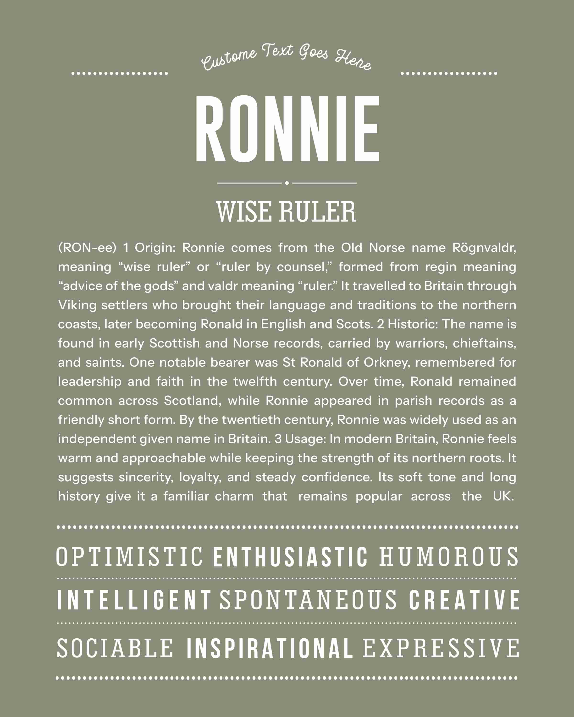 Ronnie (male) | Personalised Name Meaning Print – Custom Name Art Gift
