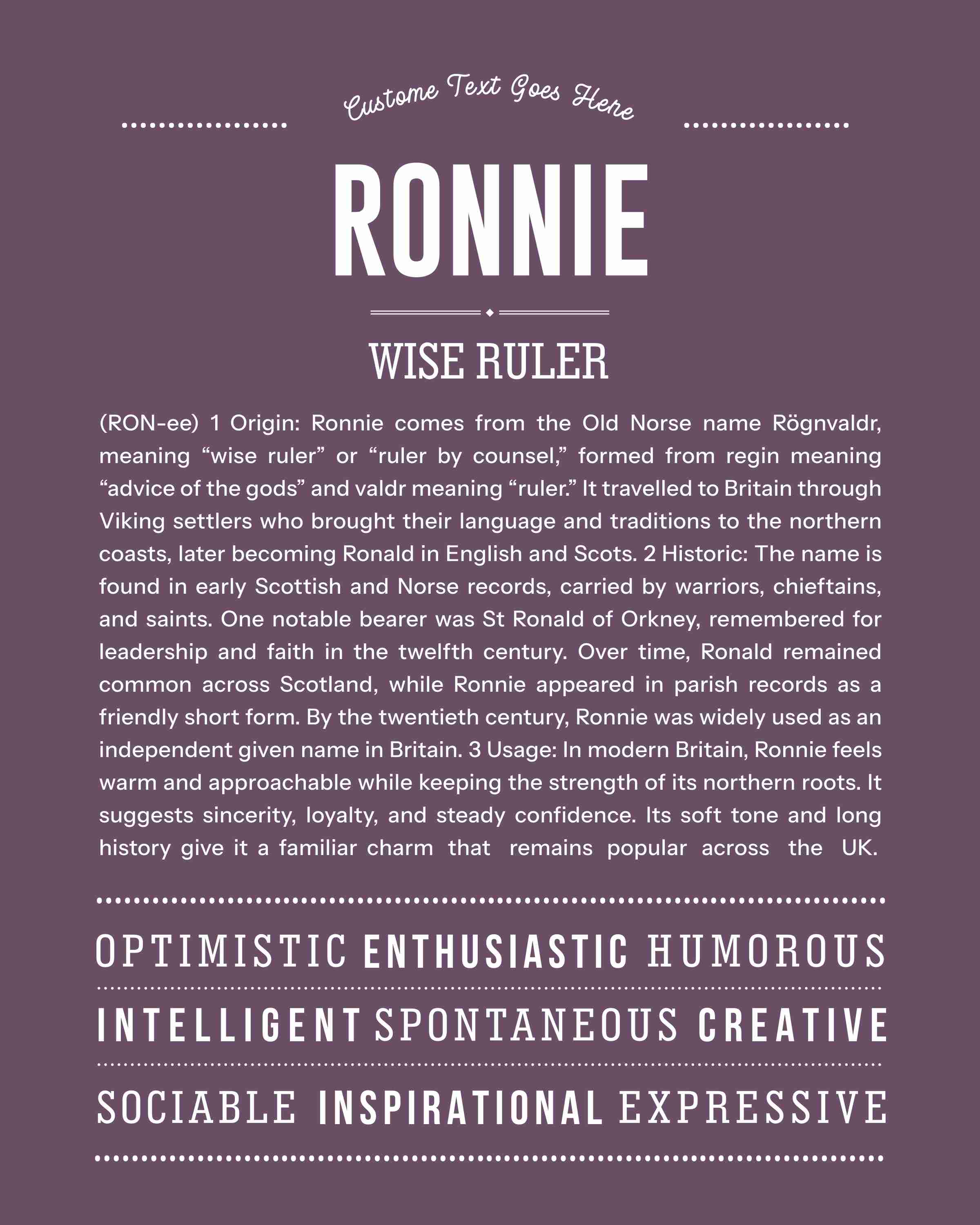 Ronnie (male) | Personalised Name Meaning Print – Custom Name Art Gift