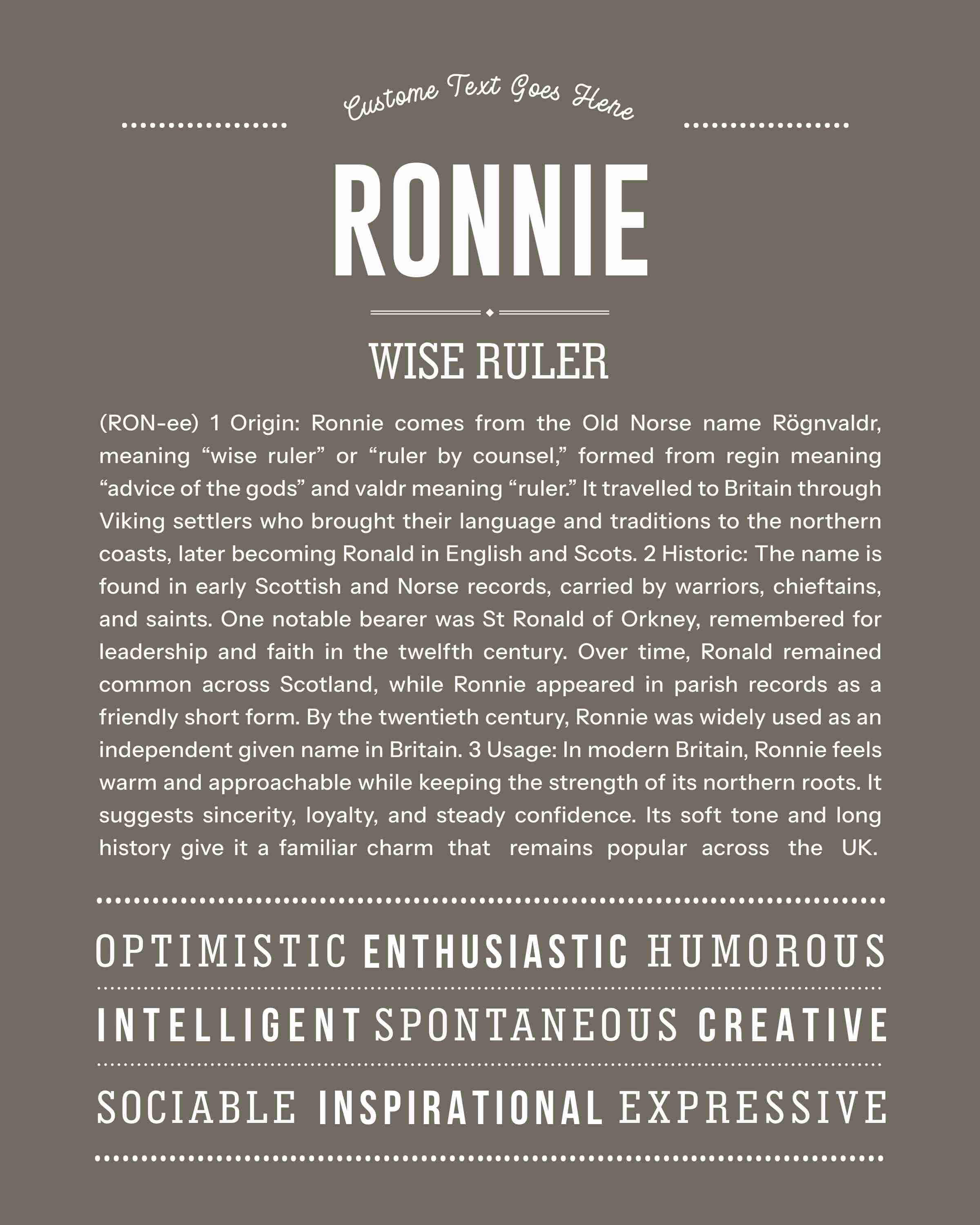 Ronnie (male) | Personalised Name Meaning Print – Custom Name Art Gift