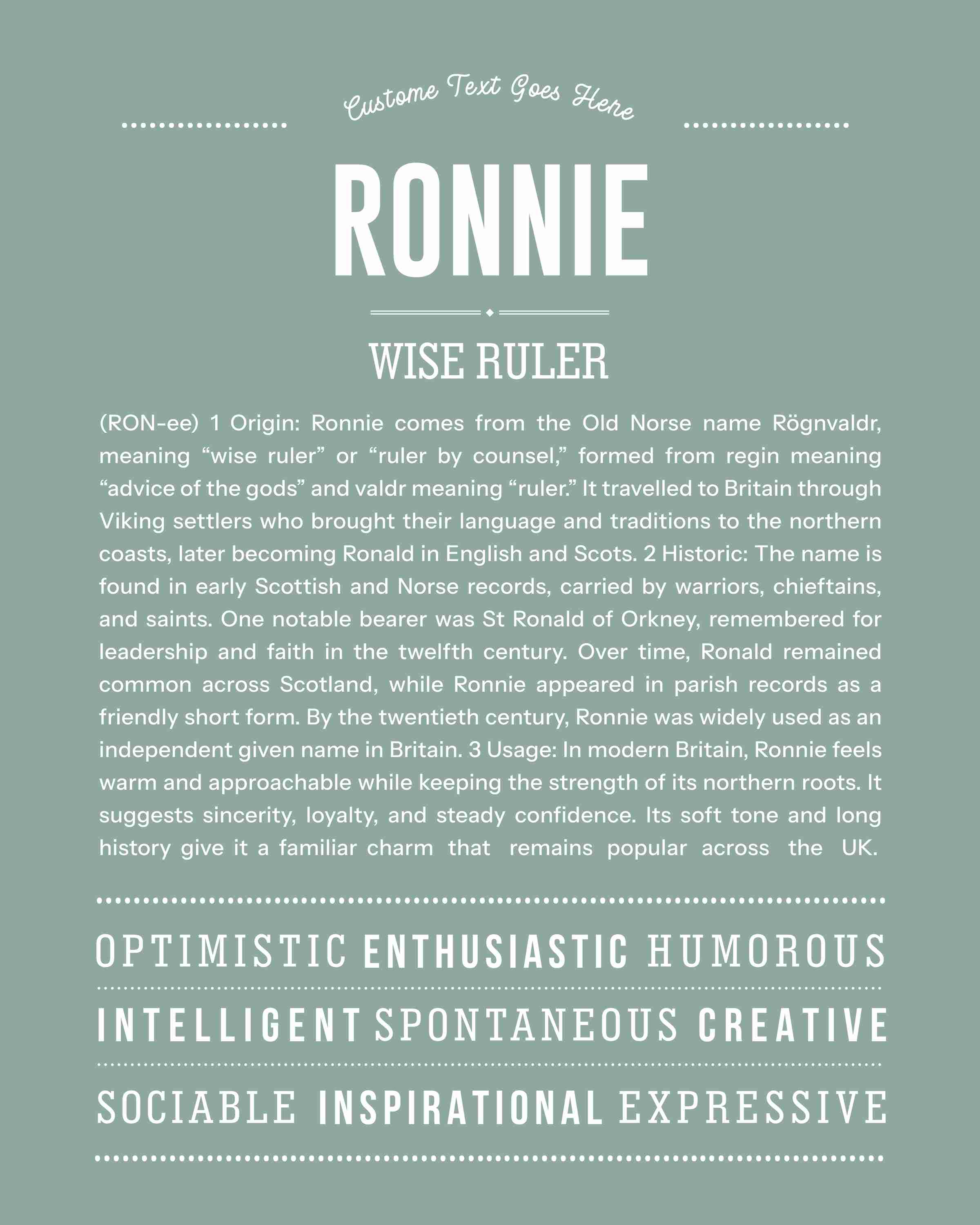 Ronnie (male) | Personalised Name Meaning Print – Custom Name Art Gift