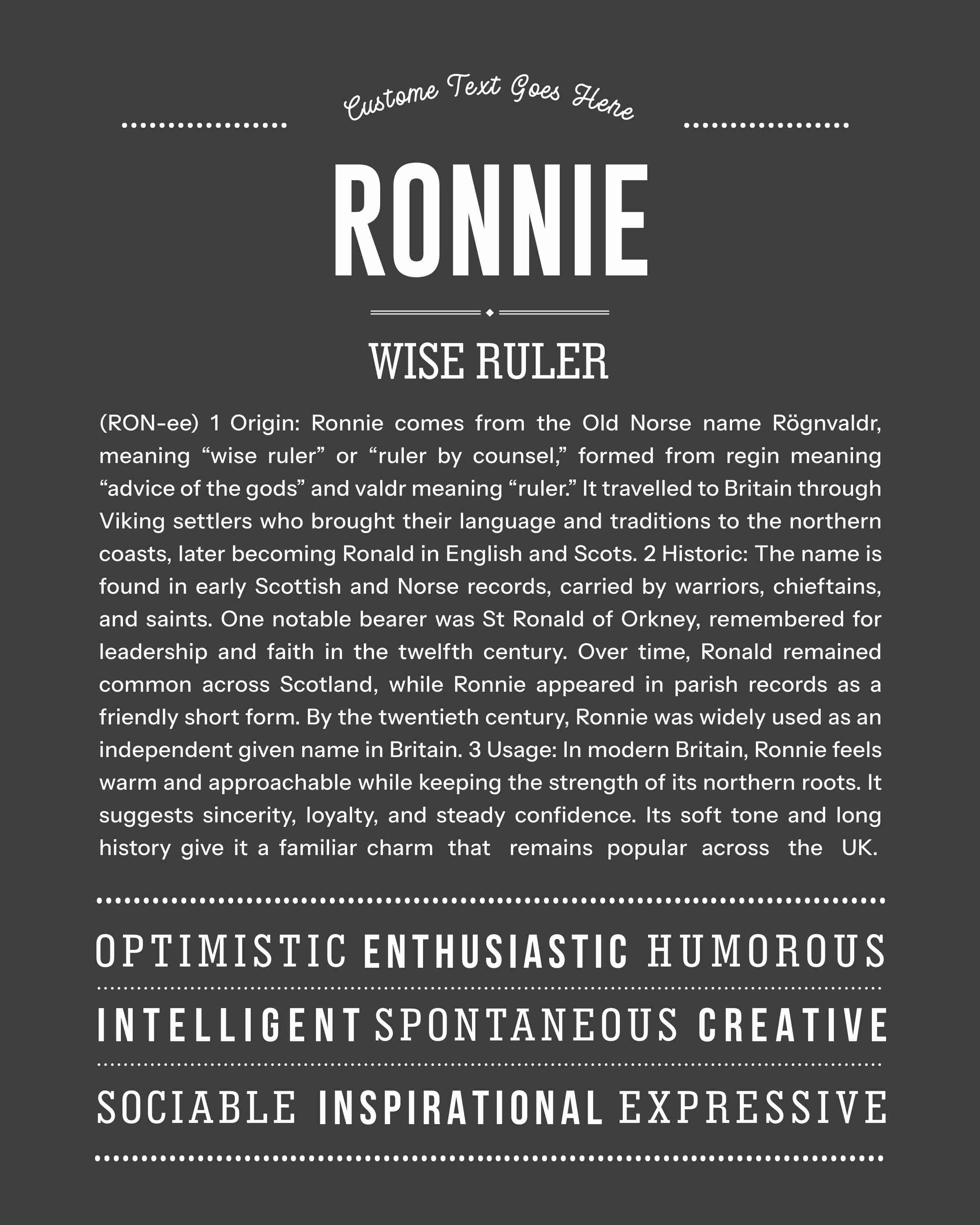 Ronnie (male) | Personalised Name Meaning Print – Custom Name Art Gift