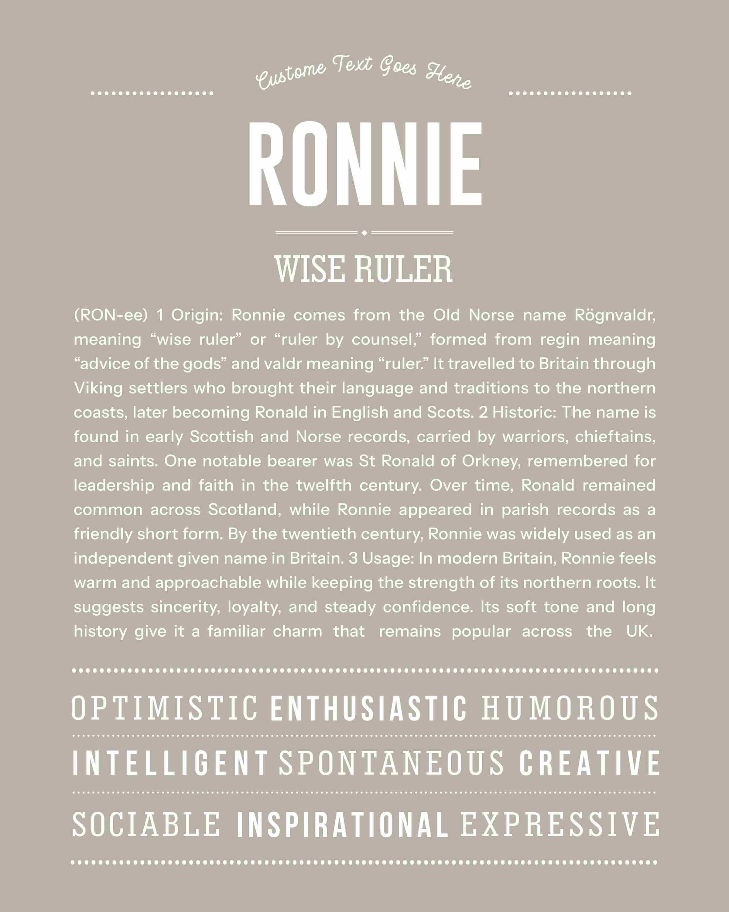 Ronnie (male) | Personalised Name Meaning Print – Custom Name Art Gift