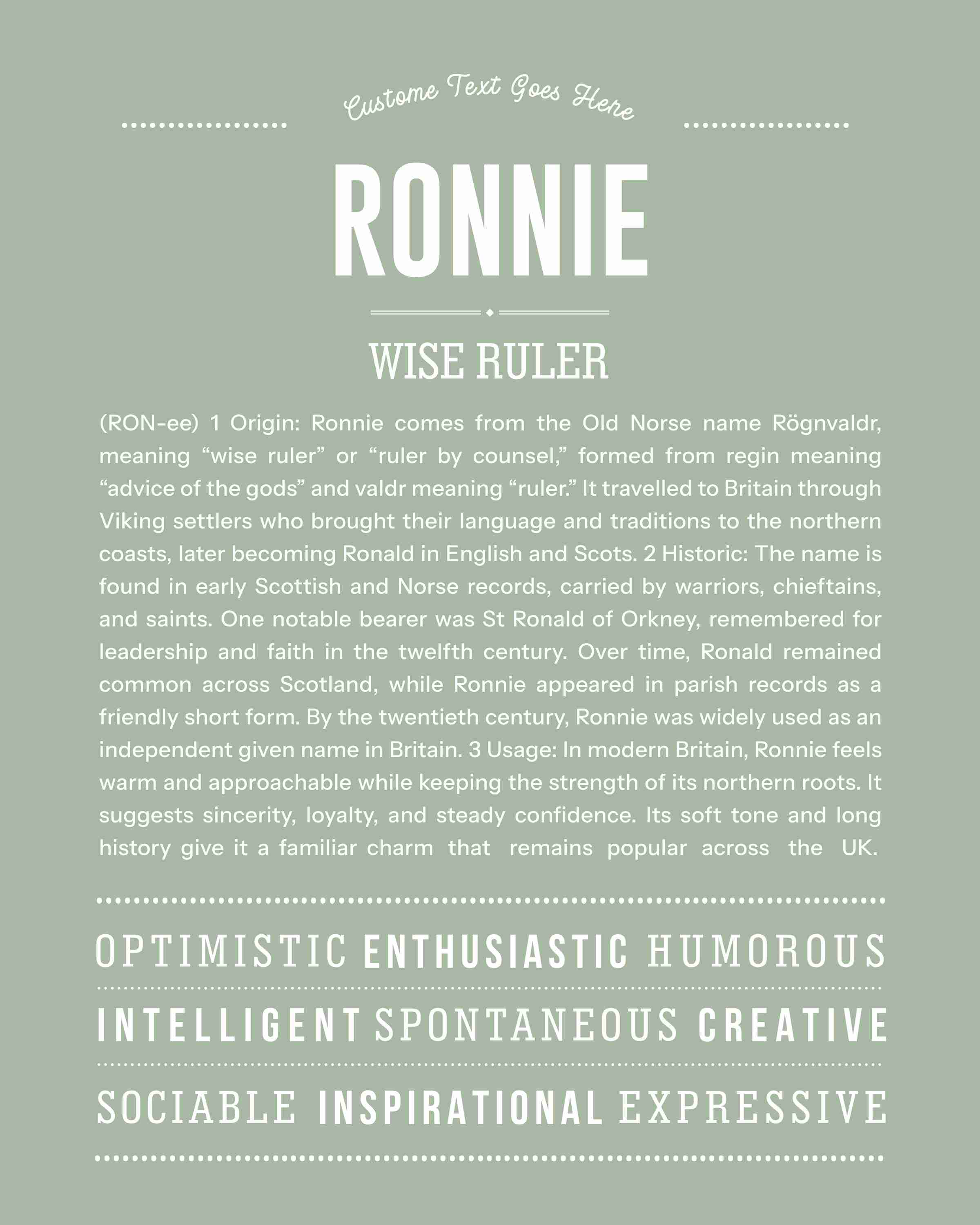 Ronnie (male) | Personalised Name Meaning Print – Custom Name Art Gift