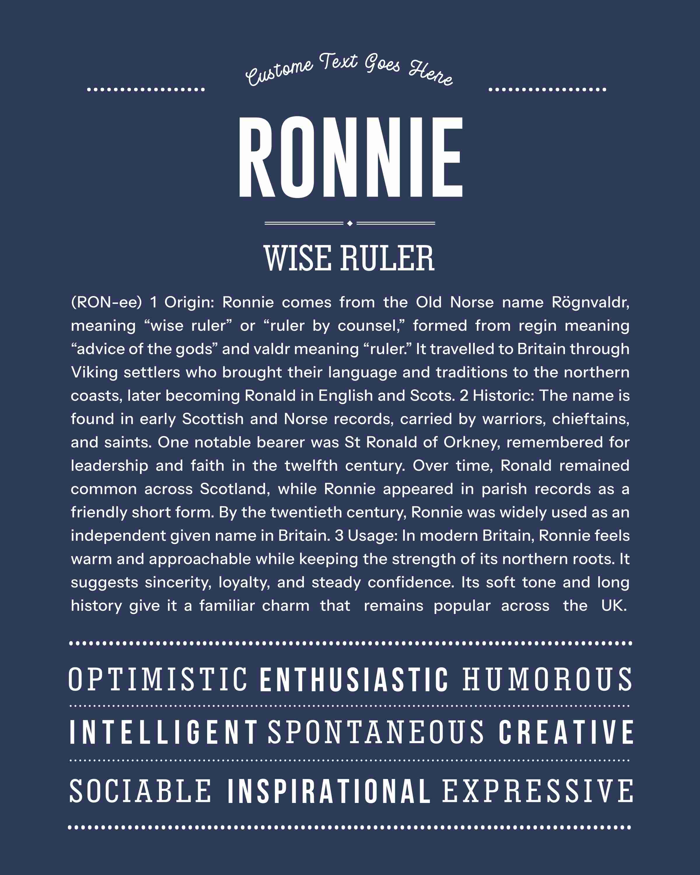 Ronnie (male) | Personalised Name Meaning Print – Custom Name Art Gift