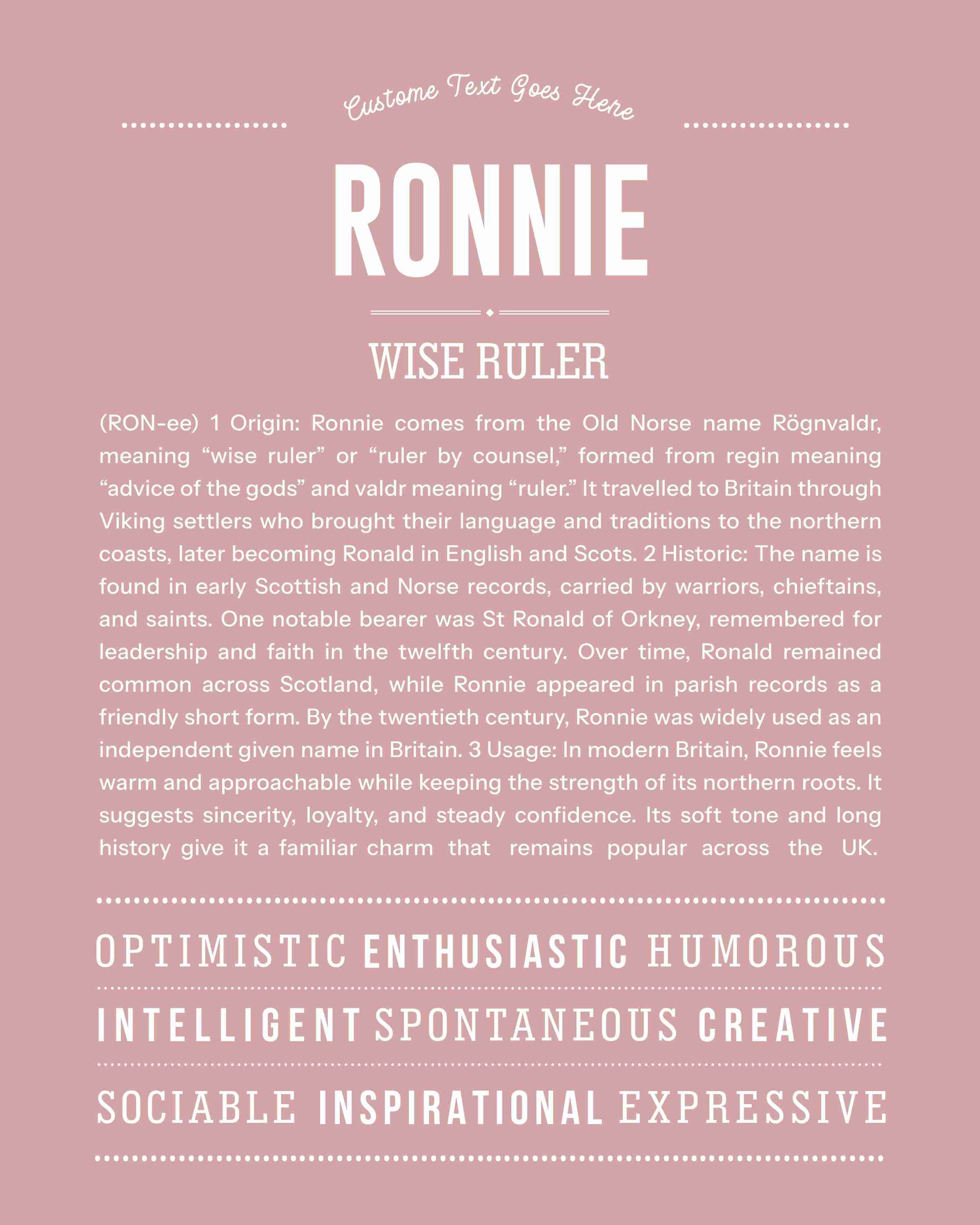 Ronnie (male) | Personalised Name Meaning Print – Custom Name Art Gift